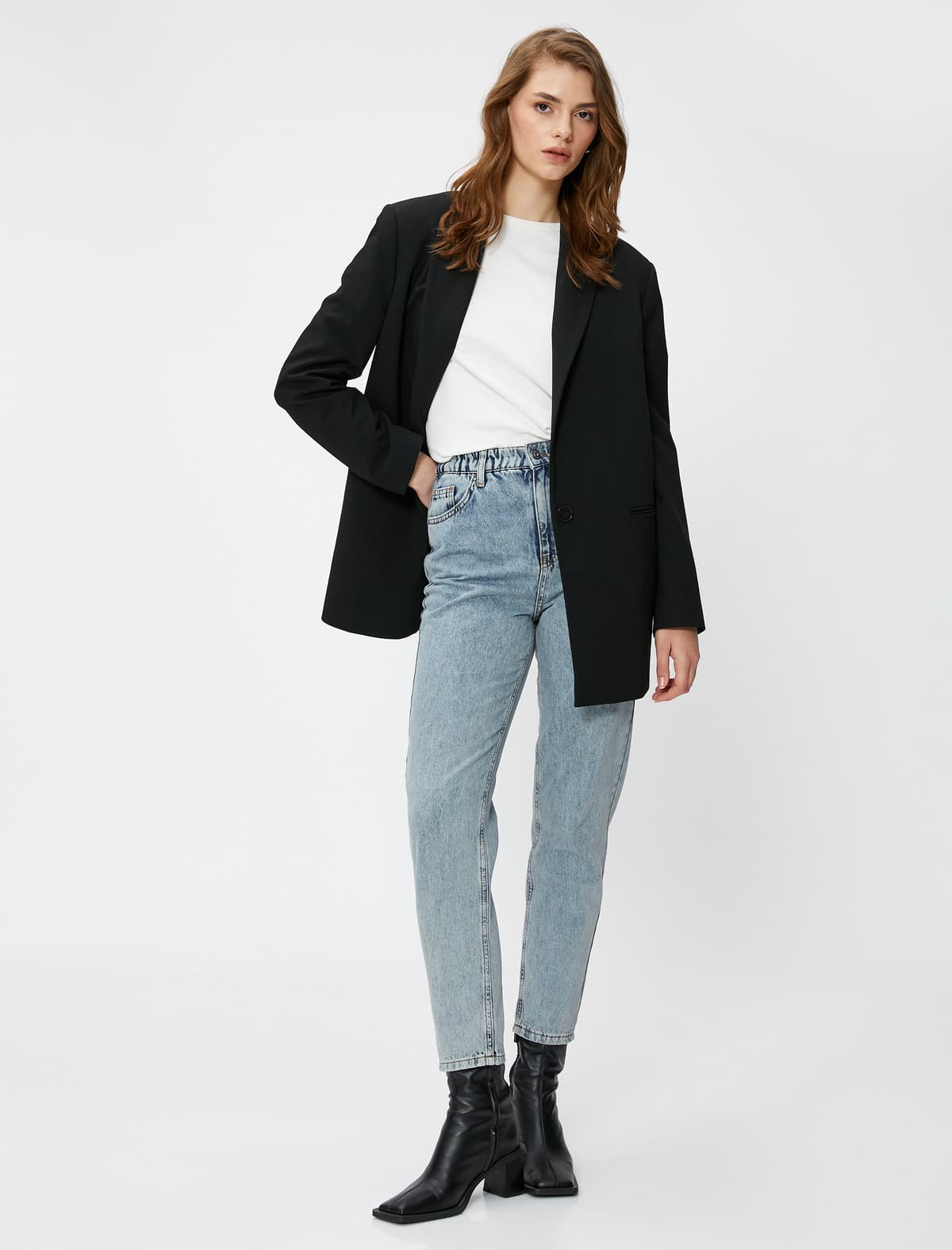 Yüksək Bel Cins Şalvar Yüngül Dar Ayaq - Mom Jeans