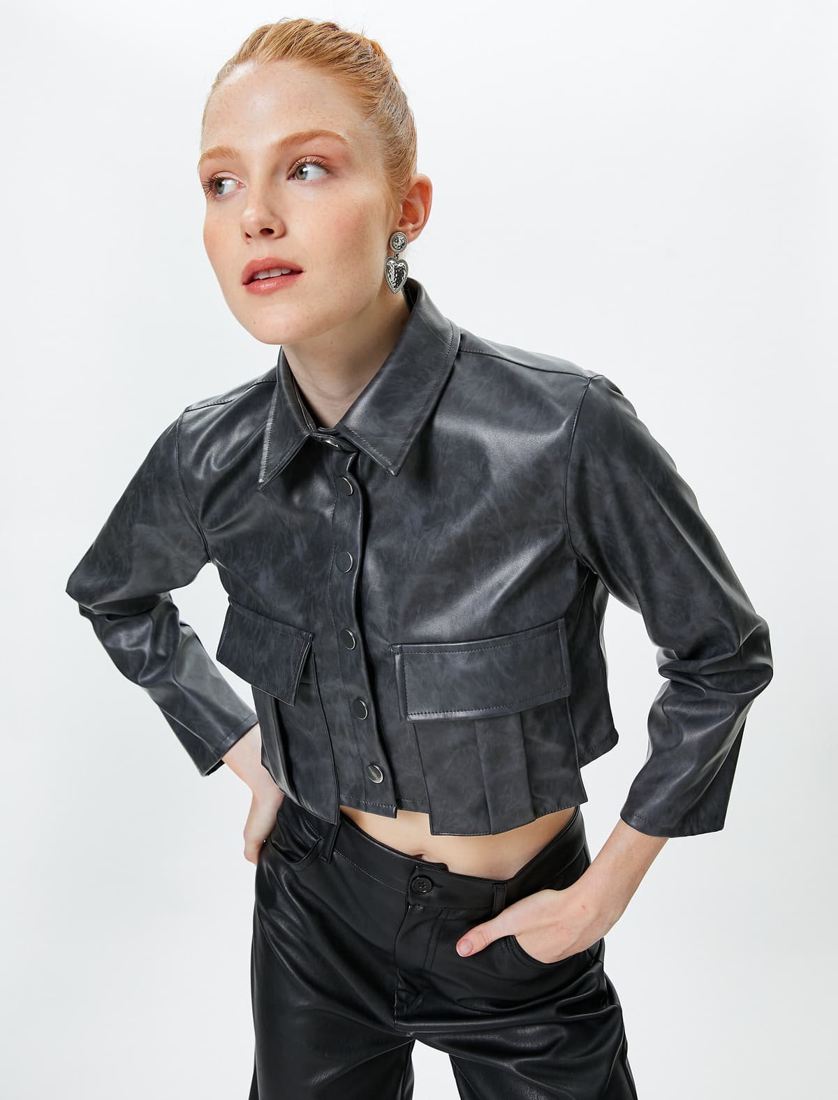 Crop Faux Dəri Köynək Vintage Görünüşü Uzunqol