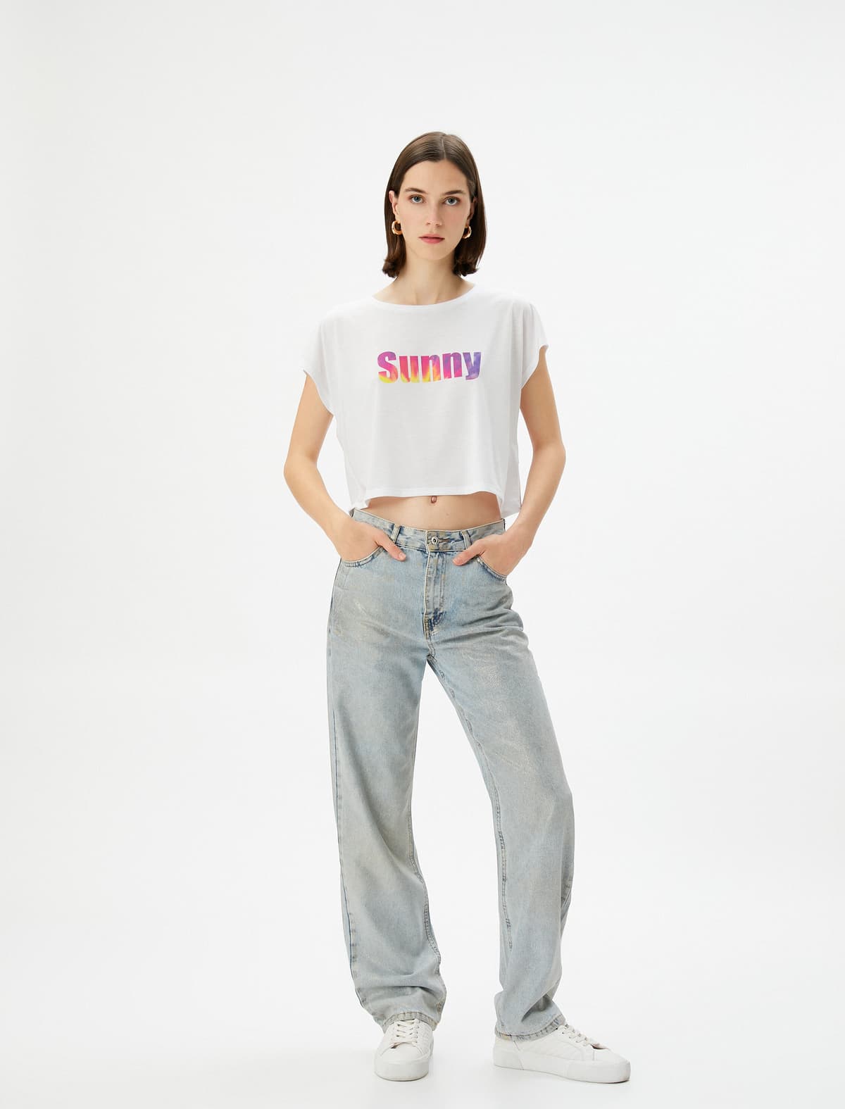 Çaplı Crop T-shirt Crew Yaka Qısaqol