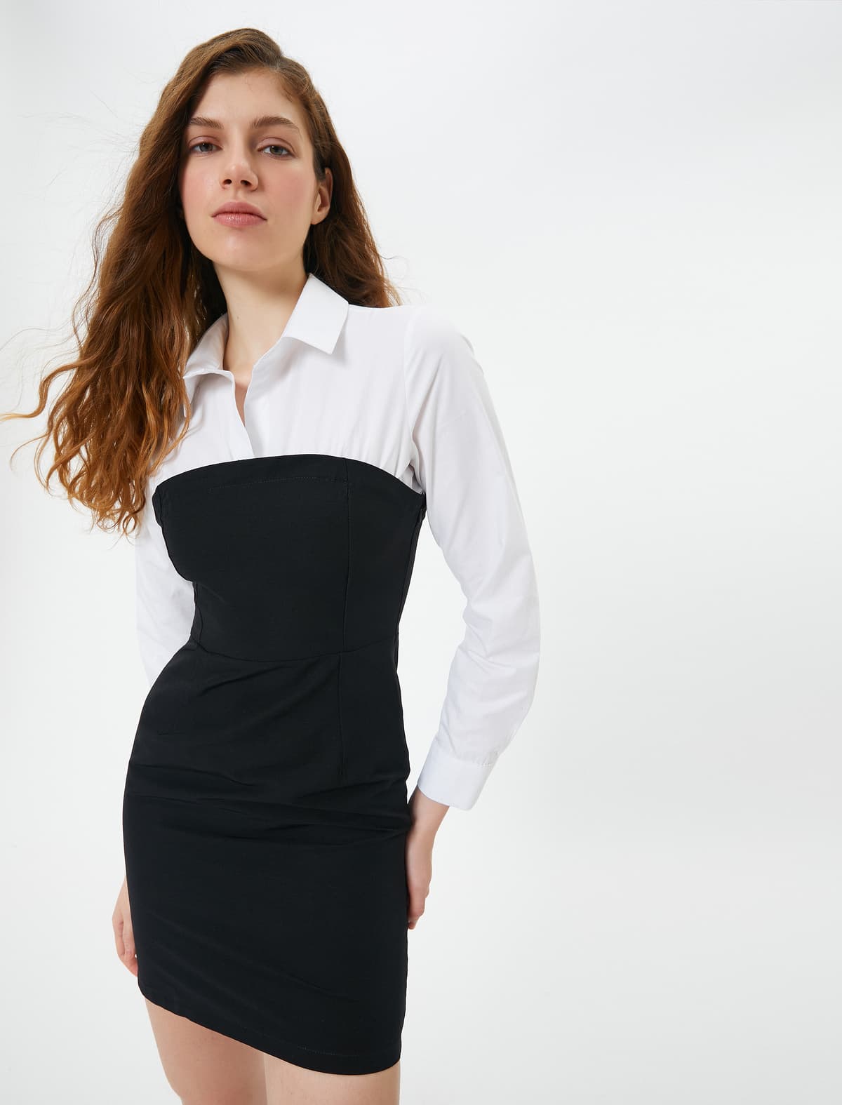 Köynək Detallı Mini Straplez Don Slim Fit Uzunqol