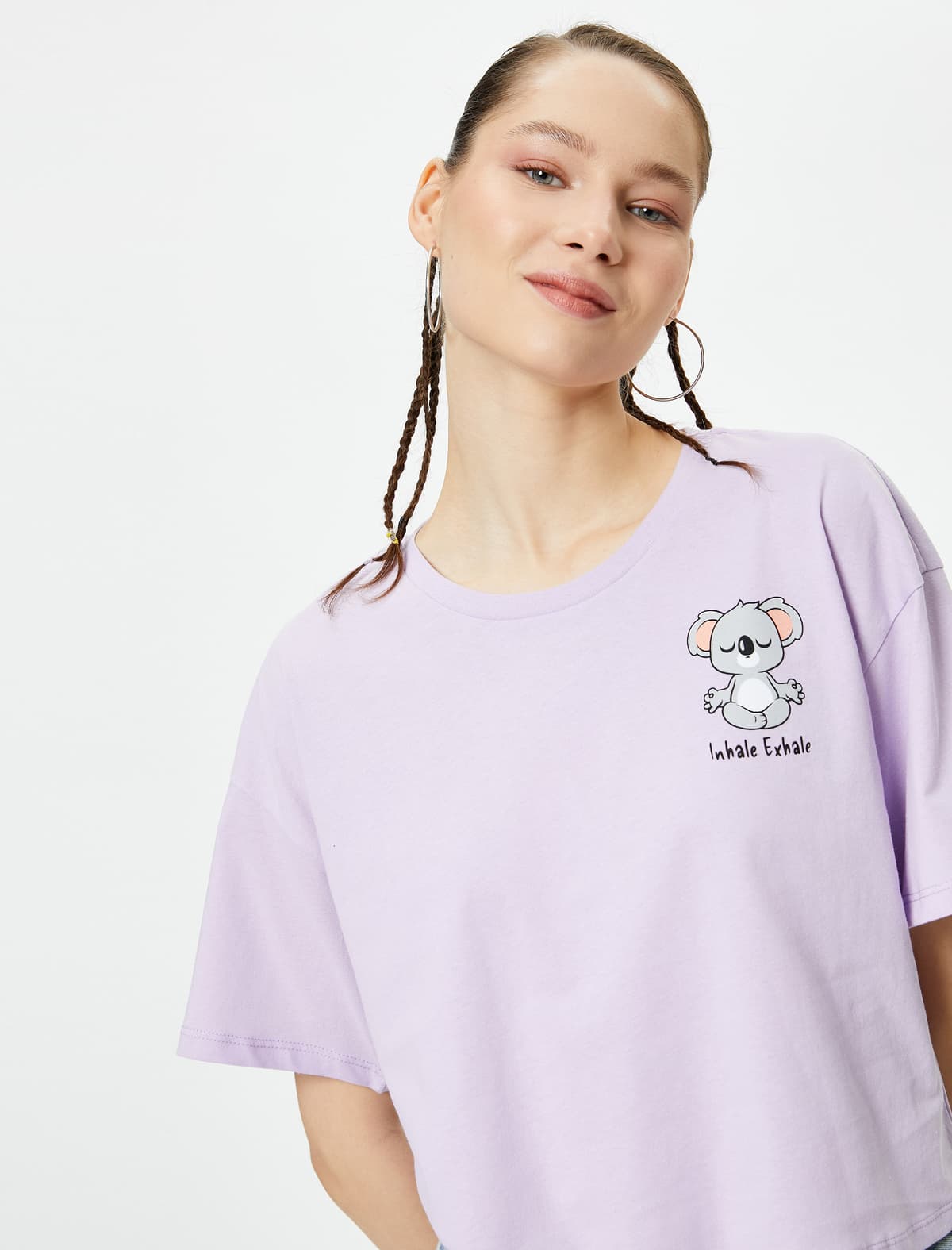 Qısa T-Shirt Koala Çaplı Qısa Qolu Ekipaj Yaxa Rahat Fit Pambıq