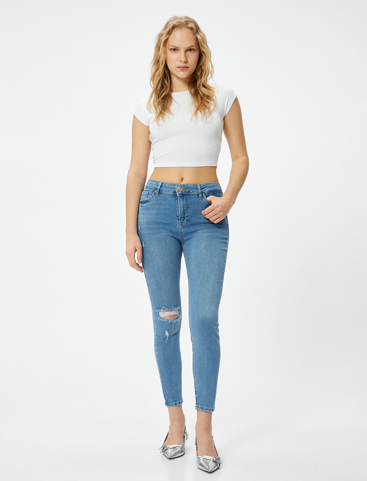 Slim Fit Yüksək Bel Cins Şalvar Yırtılmış Flexible Cib Pambıq - Carmen Skinny Jeans