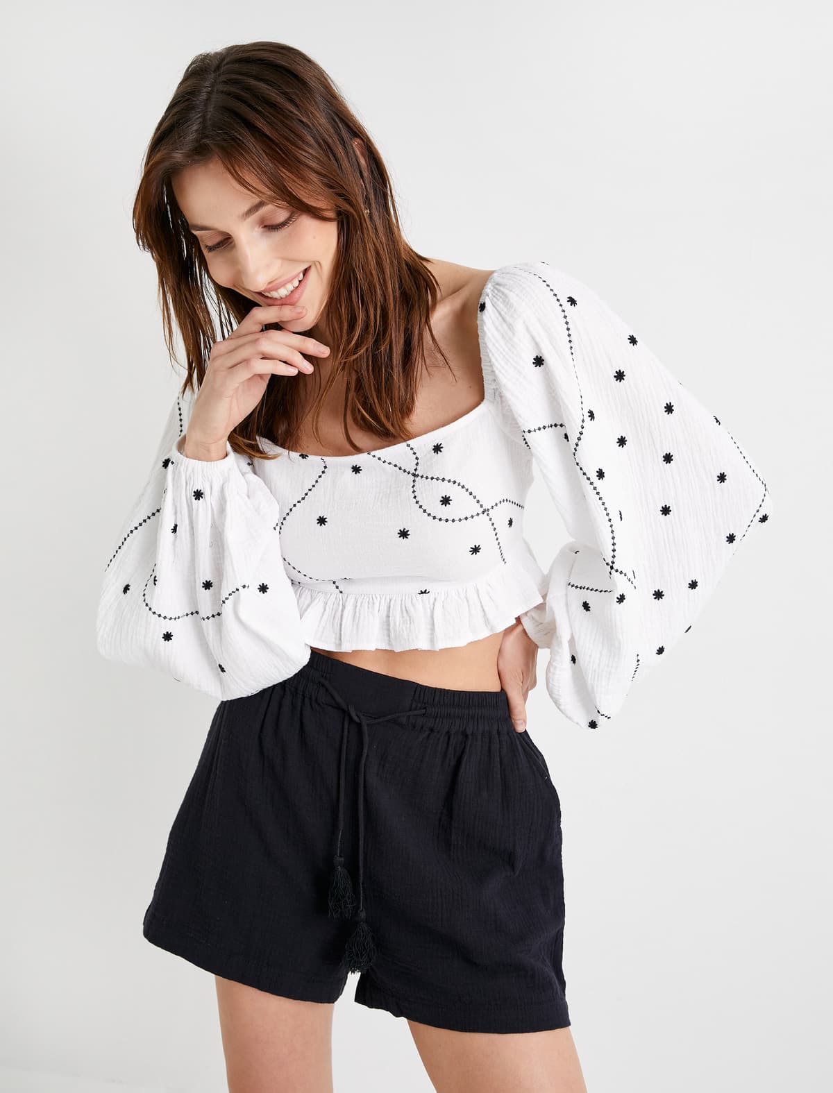 Crop Bluza Balon Qol Kvadrat Yaka Naxışlı Ruffles Gippeli