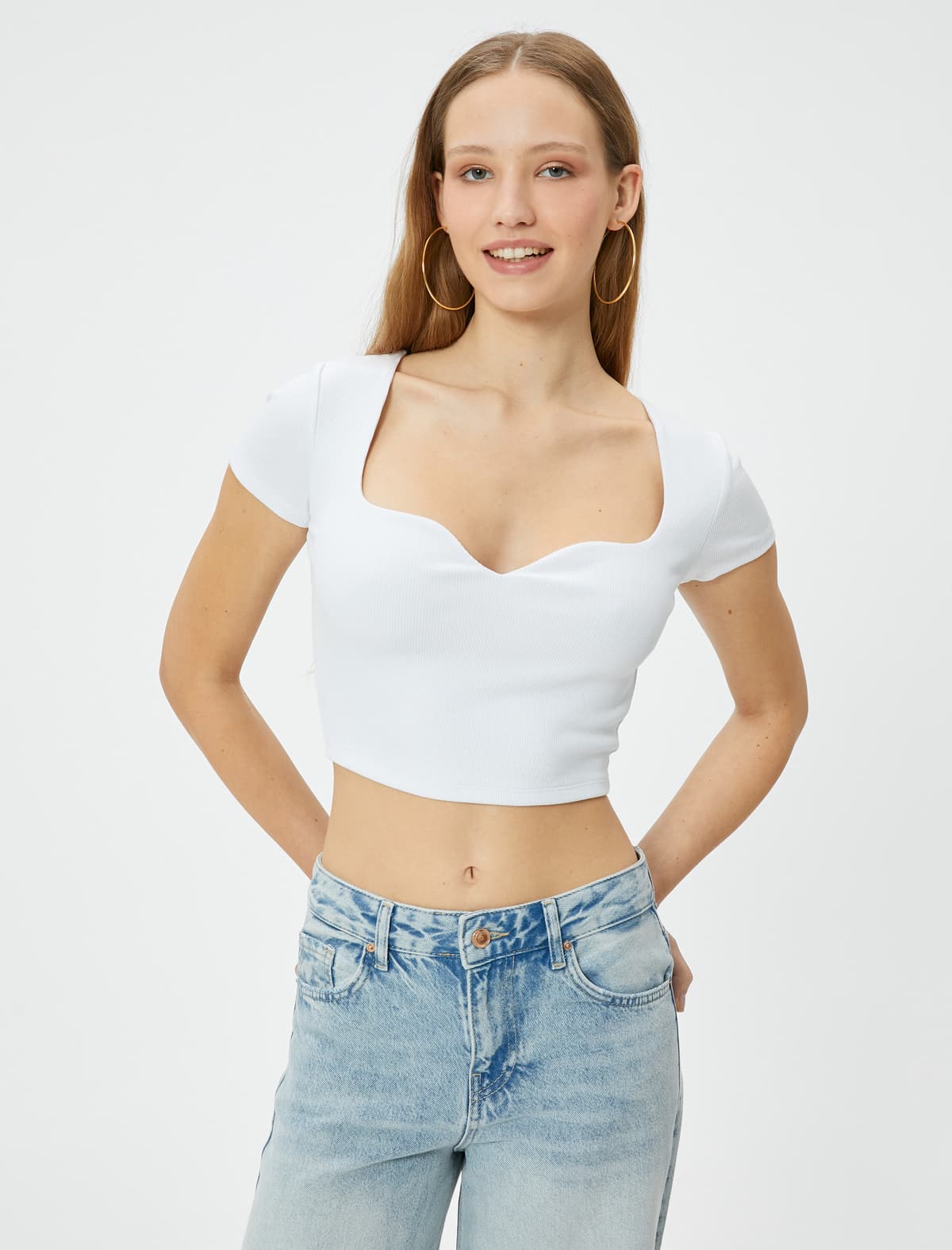 Sweetheart Boyun kəsilmiş köynək Yivli Qısaqol Slim Fit