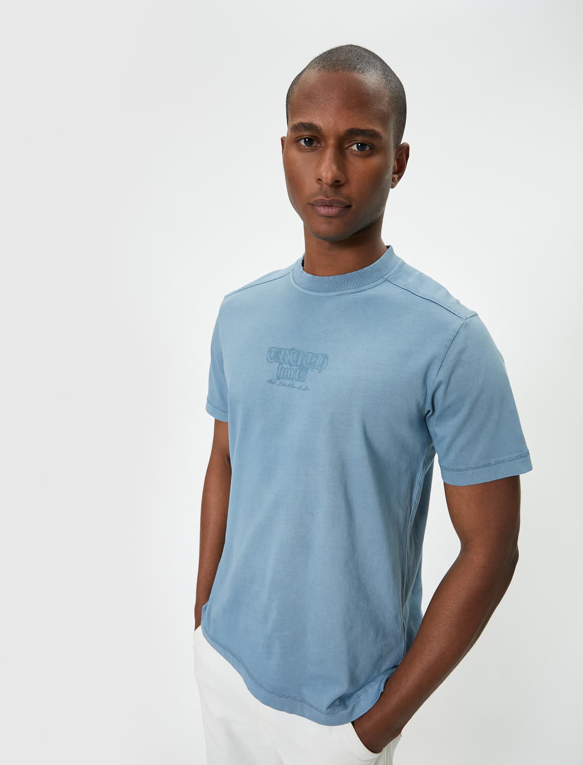 Sloqan Çaplı T-Shirt Crew Yaka Qısaqol Pambıq