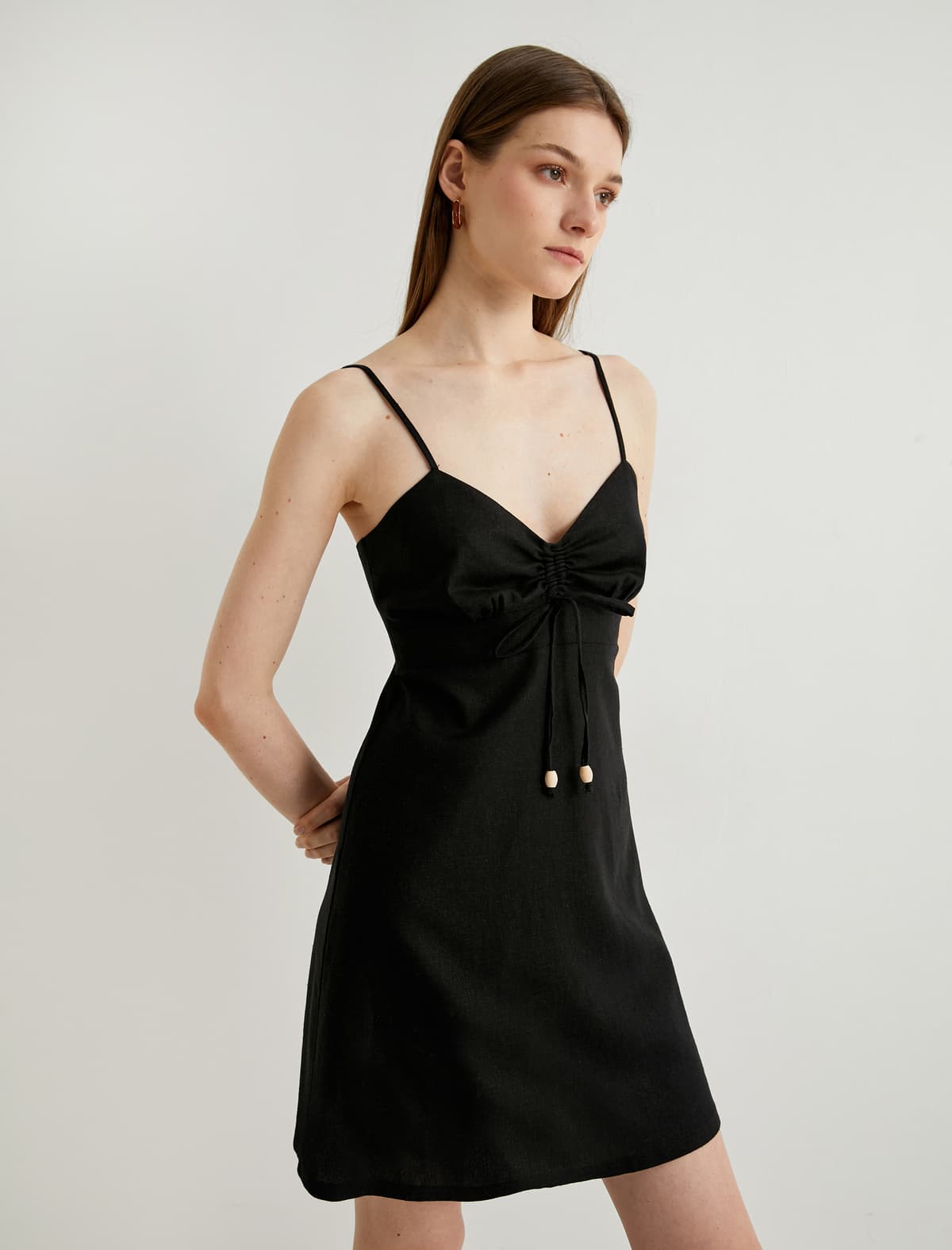 Kətan Qarışığı Mini İncə Qayışlar Draped Muncuqlu Don