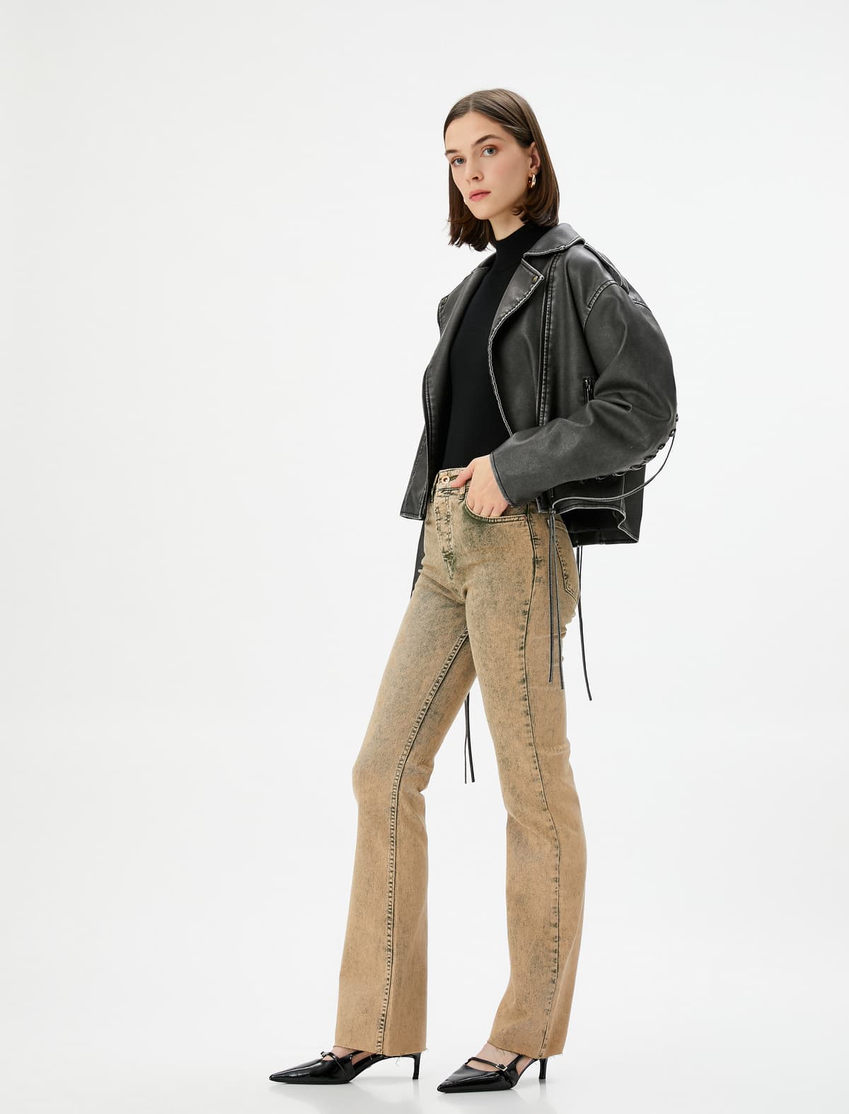 Diy Yüngül Ayaqlı Cins Şalvar Slim Fit Standart Bel Pambıq Cib - Flare Slim Jeans