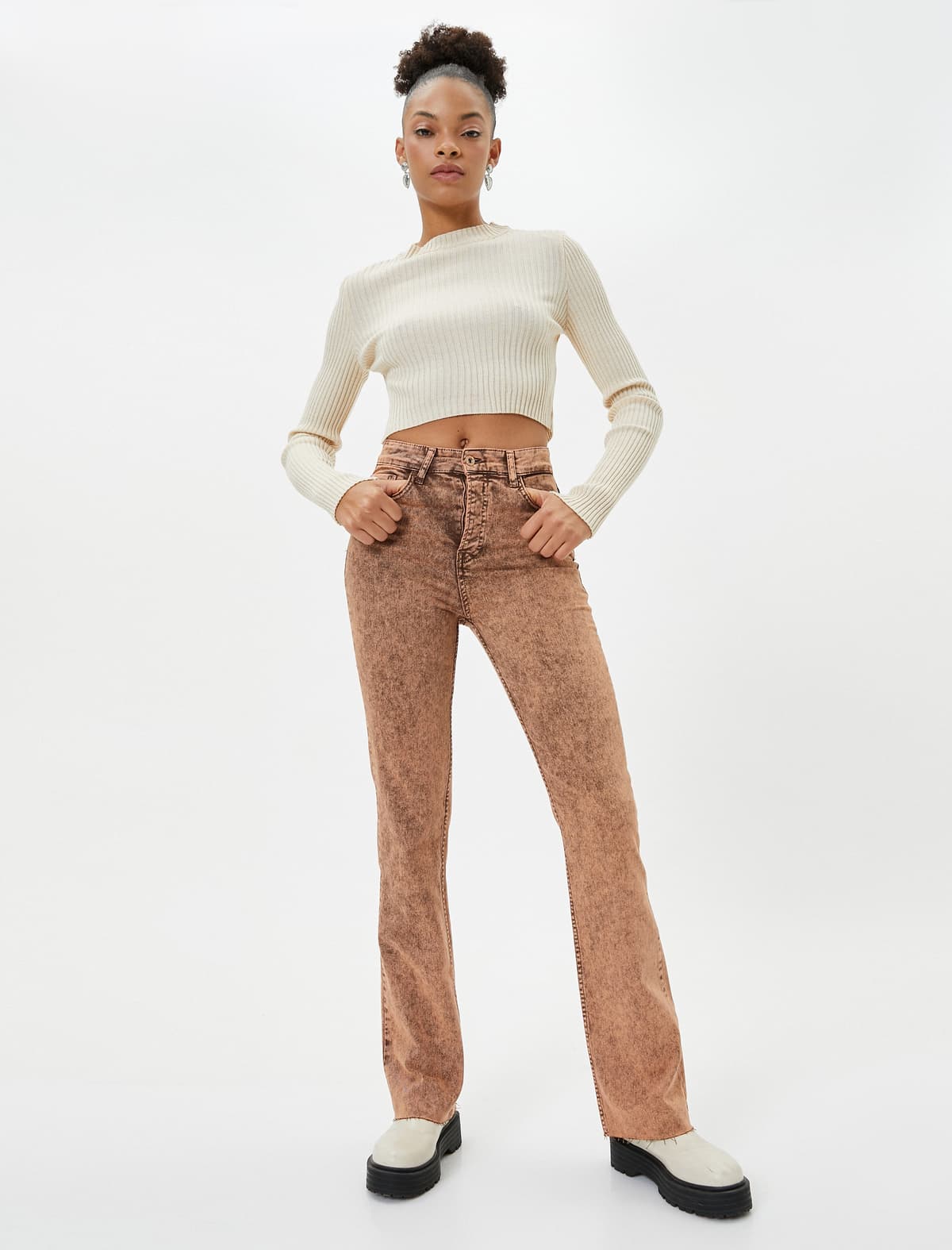 Diy Yüngül Ayaqlı Cins Şalvar Slim Fit Standart Bel Pambıq Cib - Flare Slim Jeans