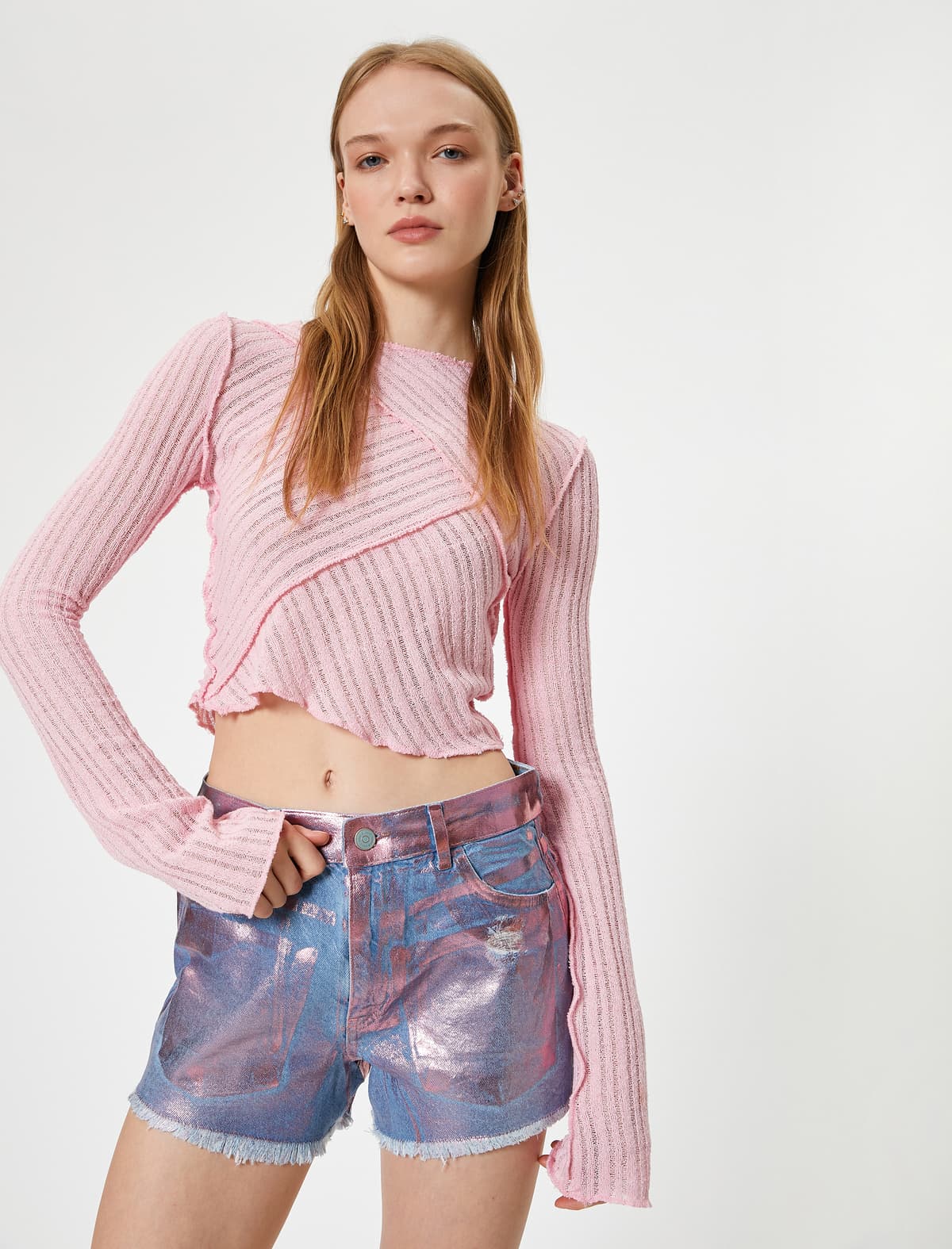 Ekstra Mini Kot Şort Metalik Print Detallı Slim Fit Saçaqlı Balaq