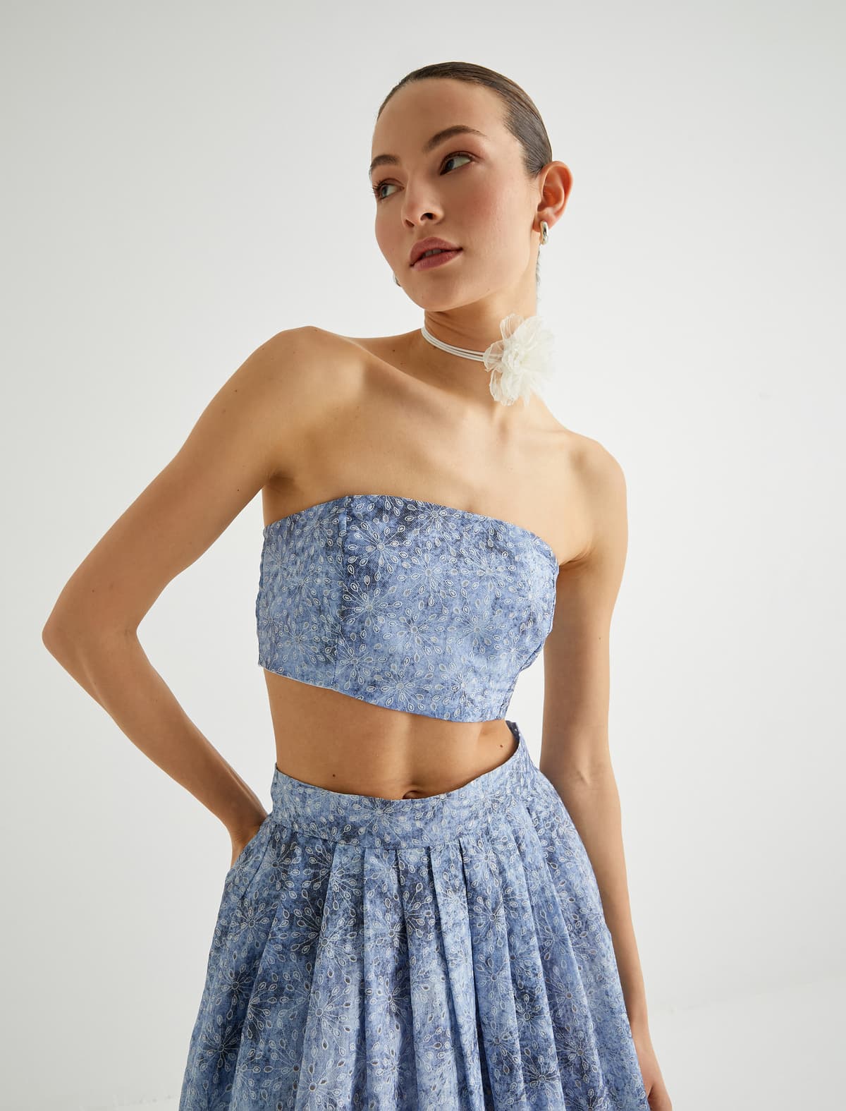 Crop Straplez Büstiyer Çiçəkli Slim Fit