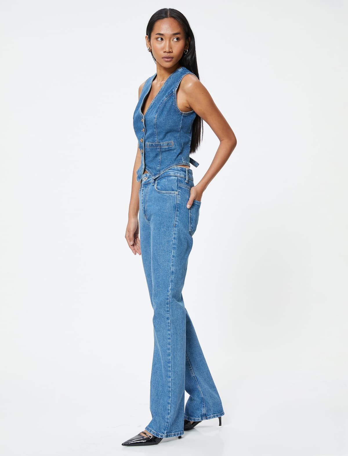 Flare Ayaqlı Jeans Yüksək Bel Cib - Flare Slim Jeans