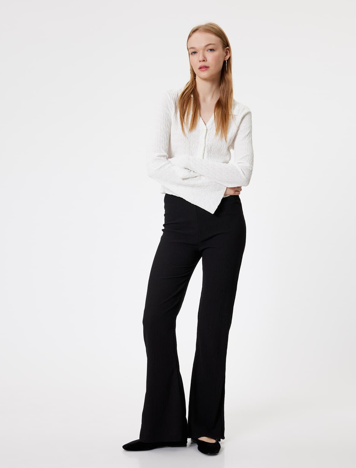 Flare Ayaqlı Leggings Şalvar Yüksək Bel Skinny Fit Qırışlı