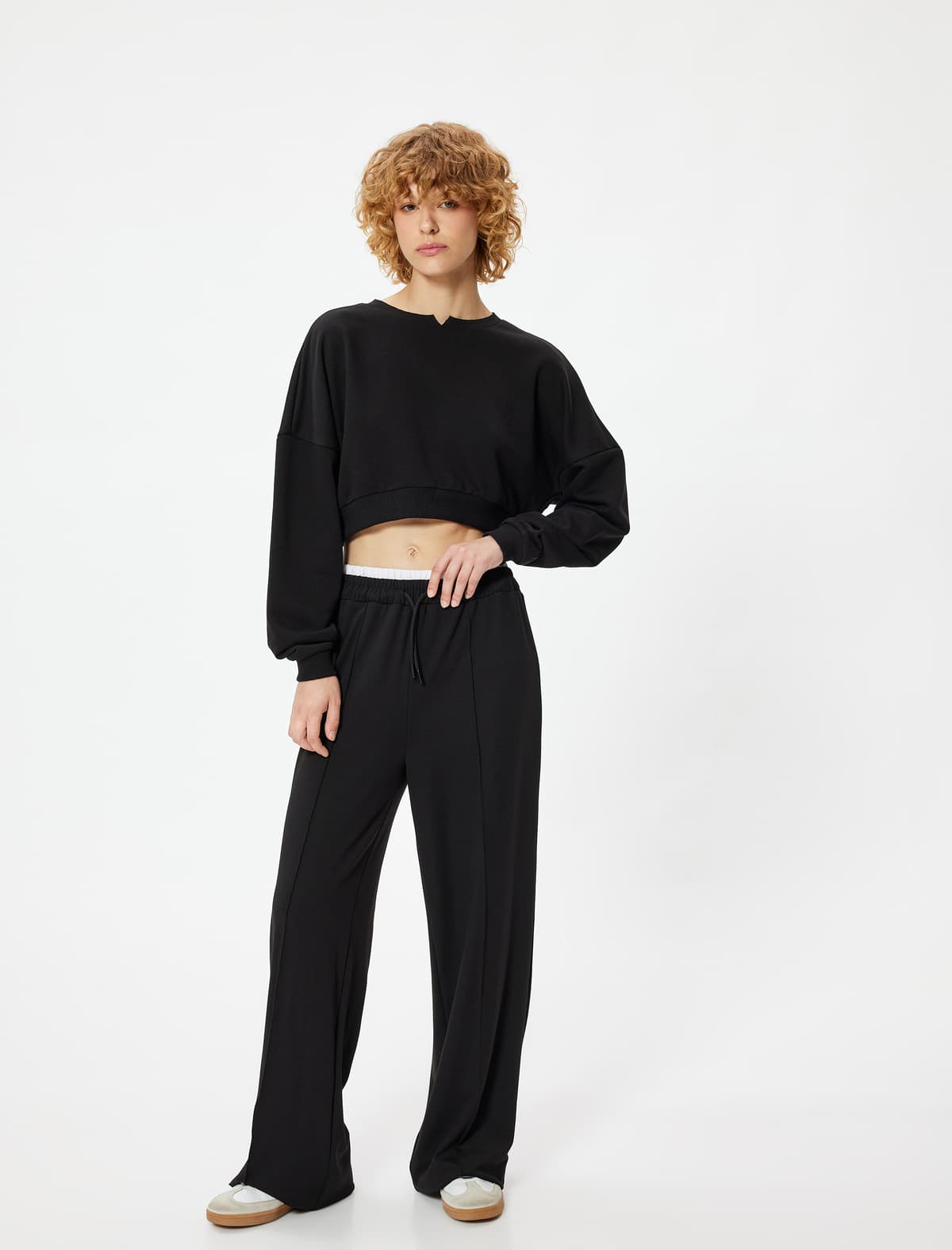 Crop Sweatshirt Crew Boyun Yivli Uzunqol Rahat Fit