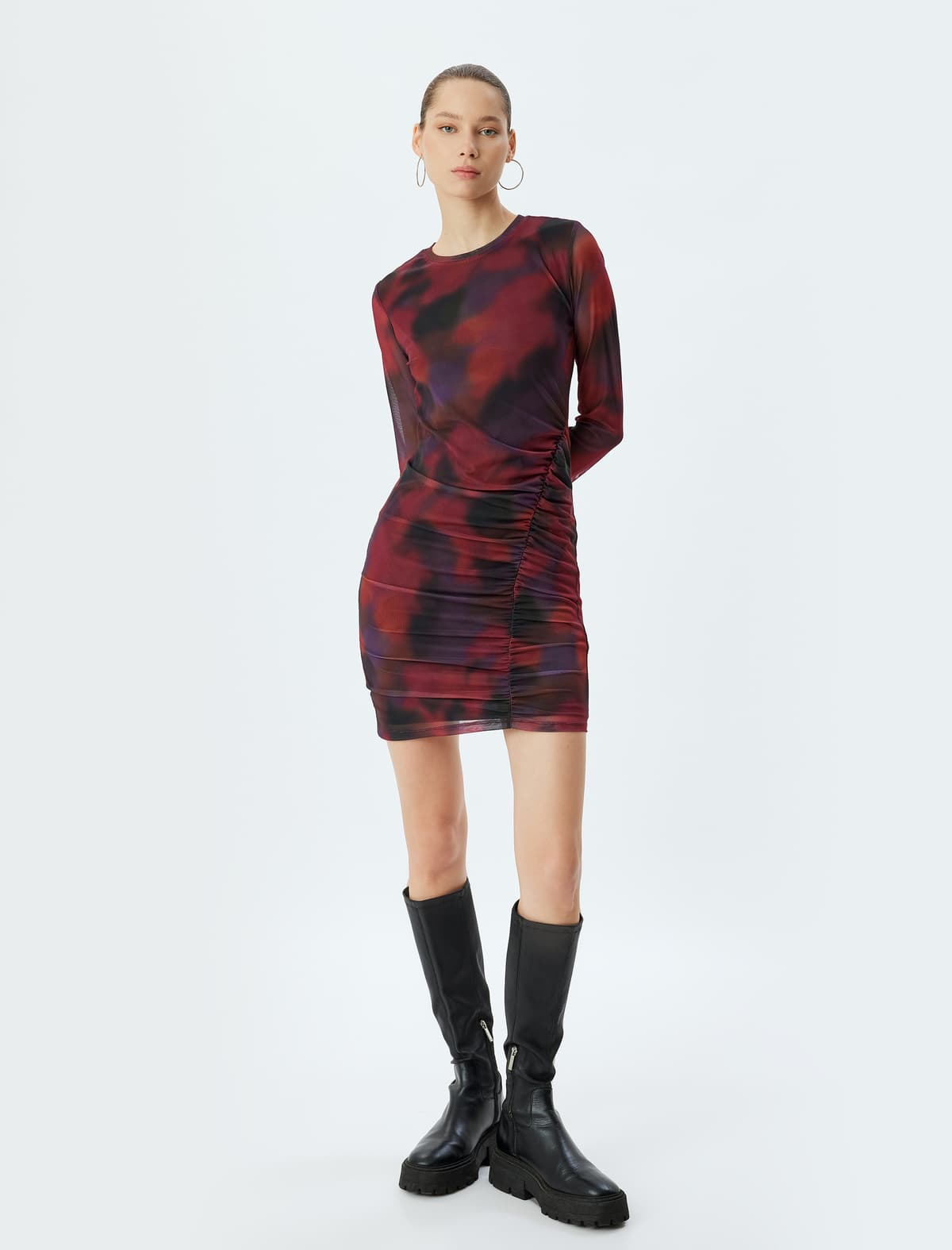 Tül Mini Draped Batik Naxışlı Qıvrım Yaxa Uzunqol Slim Fit