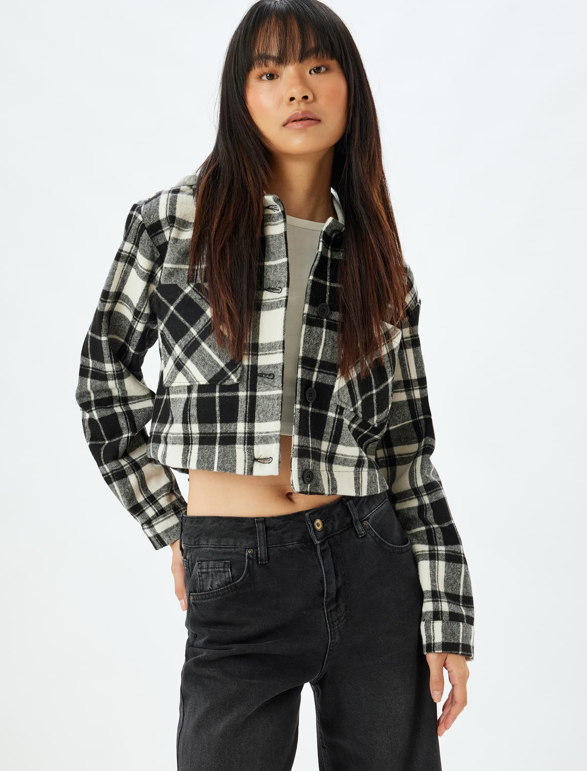 Plaid Crop Stamp Gödəkçə Kapşonlu