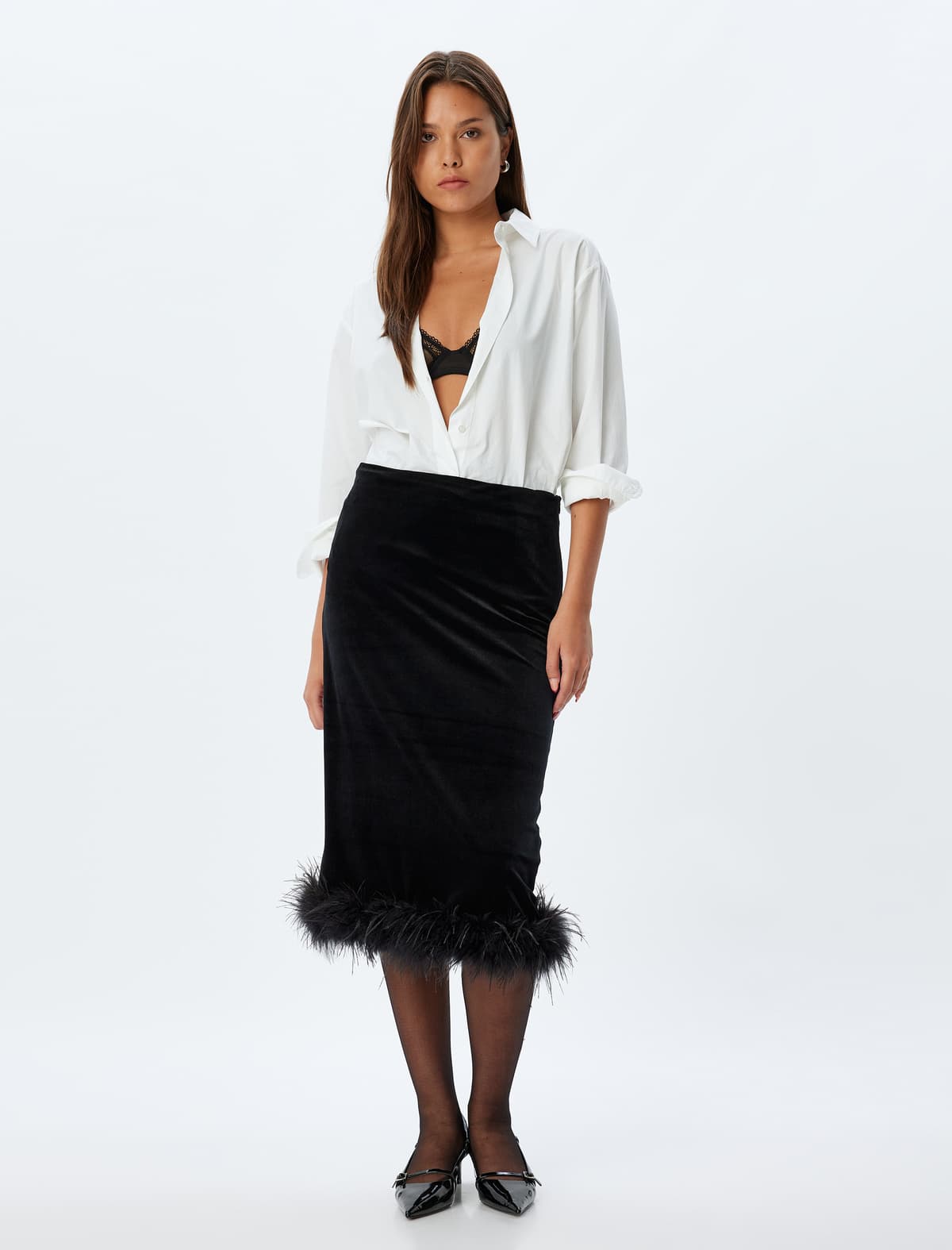 Axşam Etek Midi Məxmər Tük Detallı Slim Fit