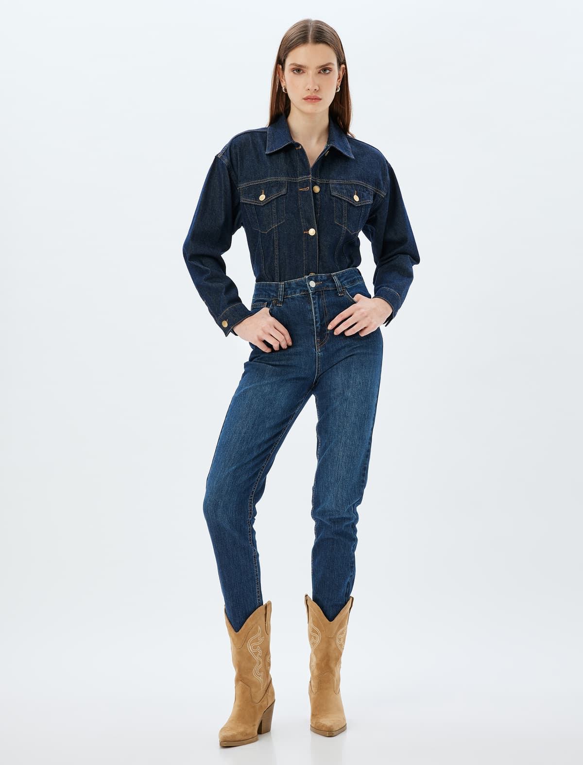 Yüksək Bel Cins Şalvar Düz Ayaqlı Düyməli Cib Pambıq - Slim Straight Fit Jeans