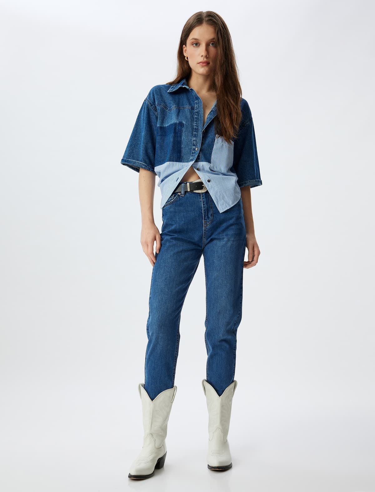 Yüksək Bel Cins Şalvar Düz Ayaqlı Düyməli Cib Pambıq - Slim Straight Fit Jeans