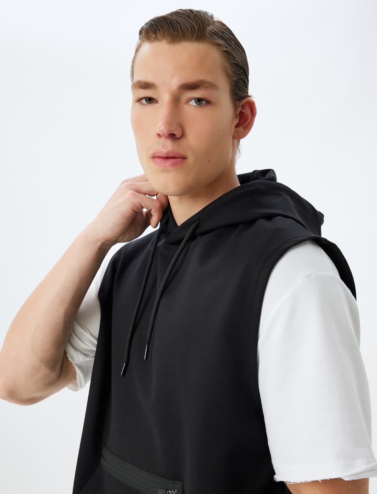 İdman Sweatshirt Böyük Ölçülü Qolsuz Kapşonlu Fermuar Detallı Viskoza Qarışığı Qalın Polad Qarışıq Parça