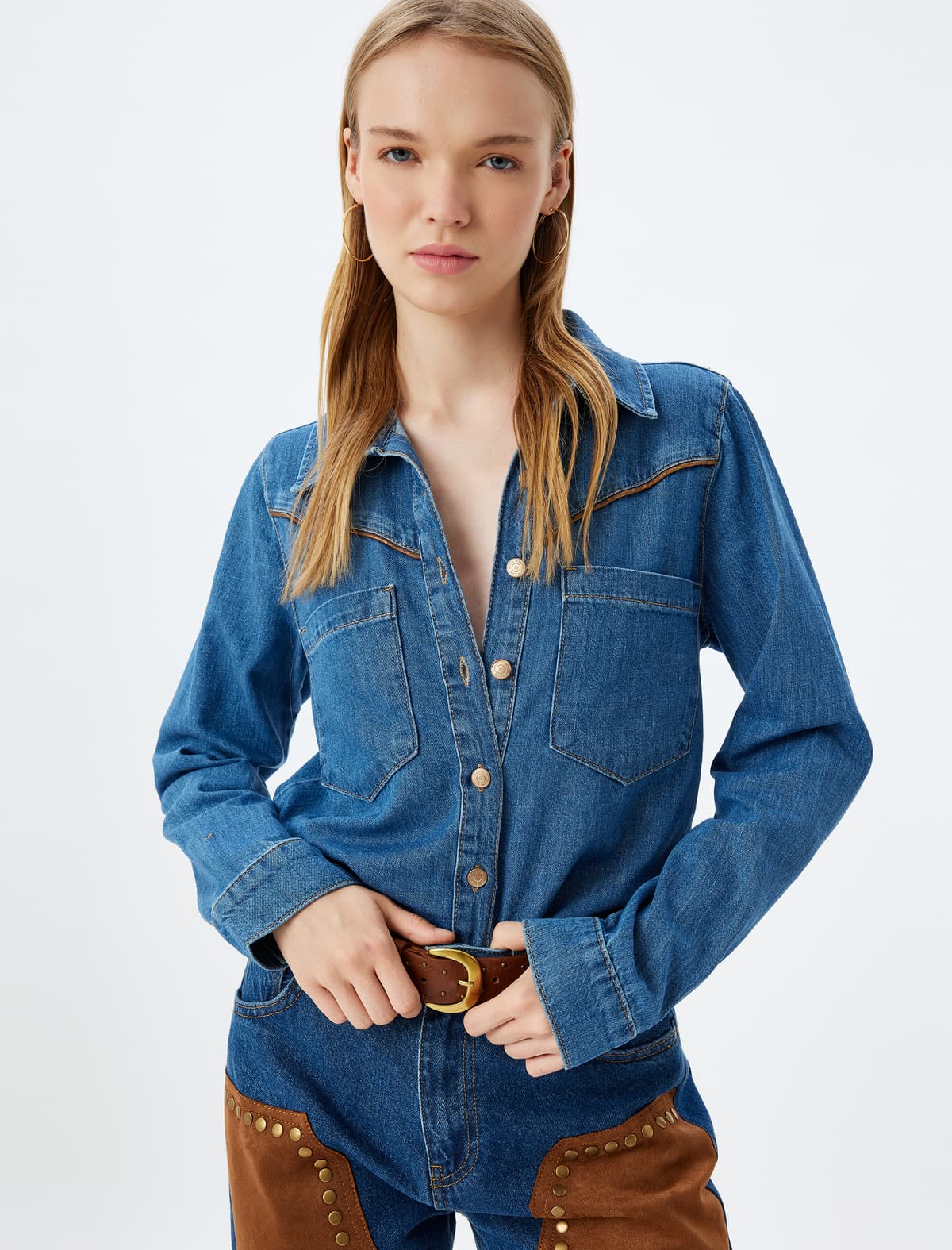 Denim Köynək Uzunqol Süni Dəri Detallı Cib Klassik Yaxası Düyməli