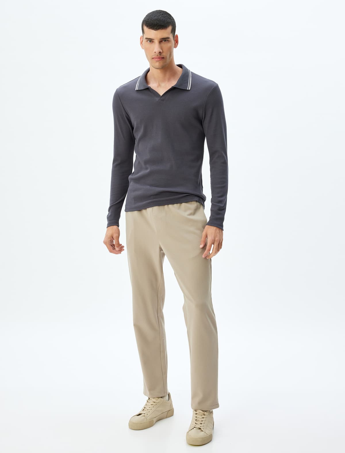 Slim Fit Uzunqol Pambıq V Polo Yakalı köynək
