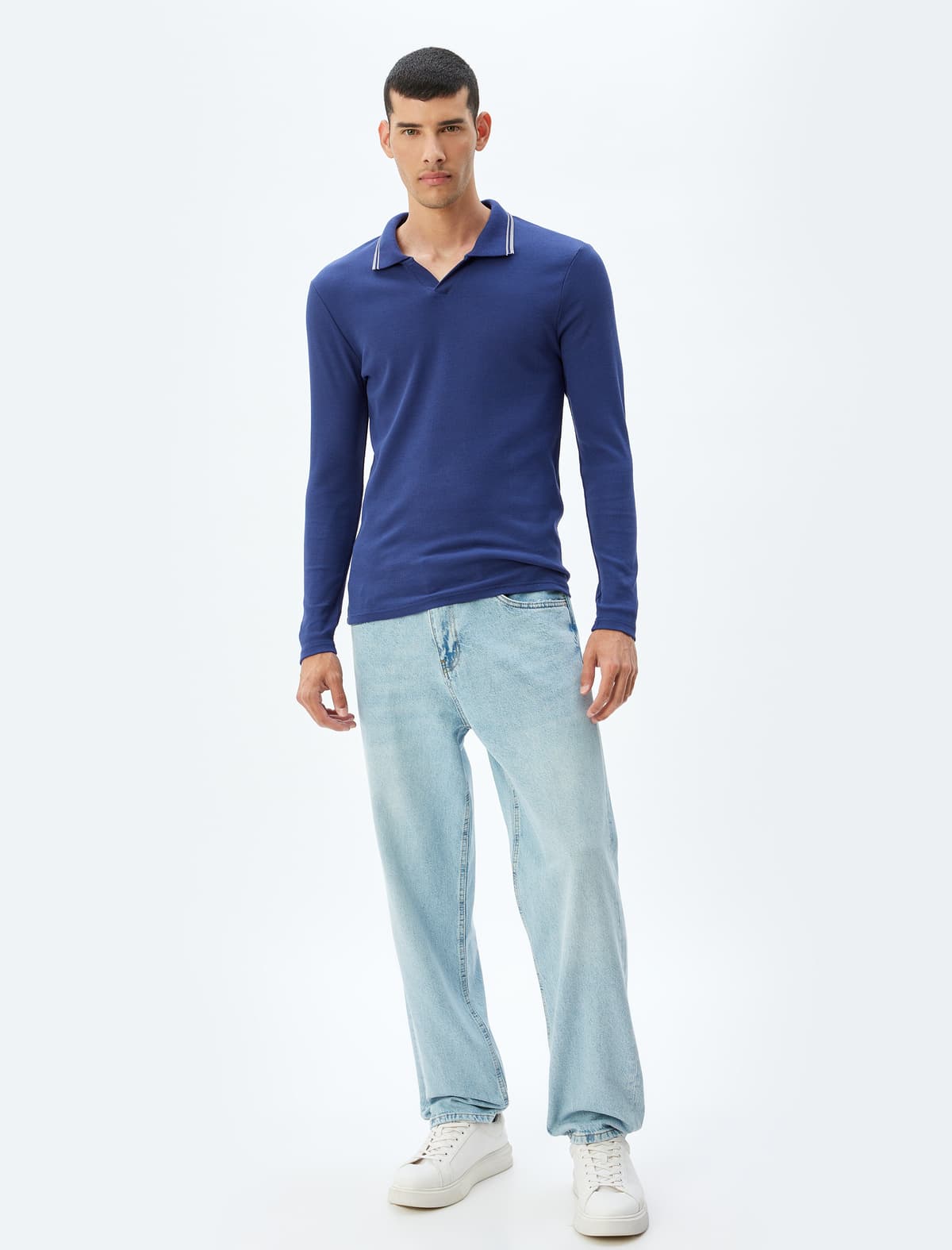 Slim Fit Uzunqol Pambıq V Polo Yakalı köynək