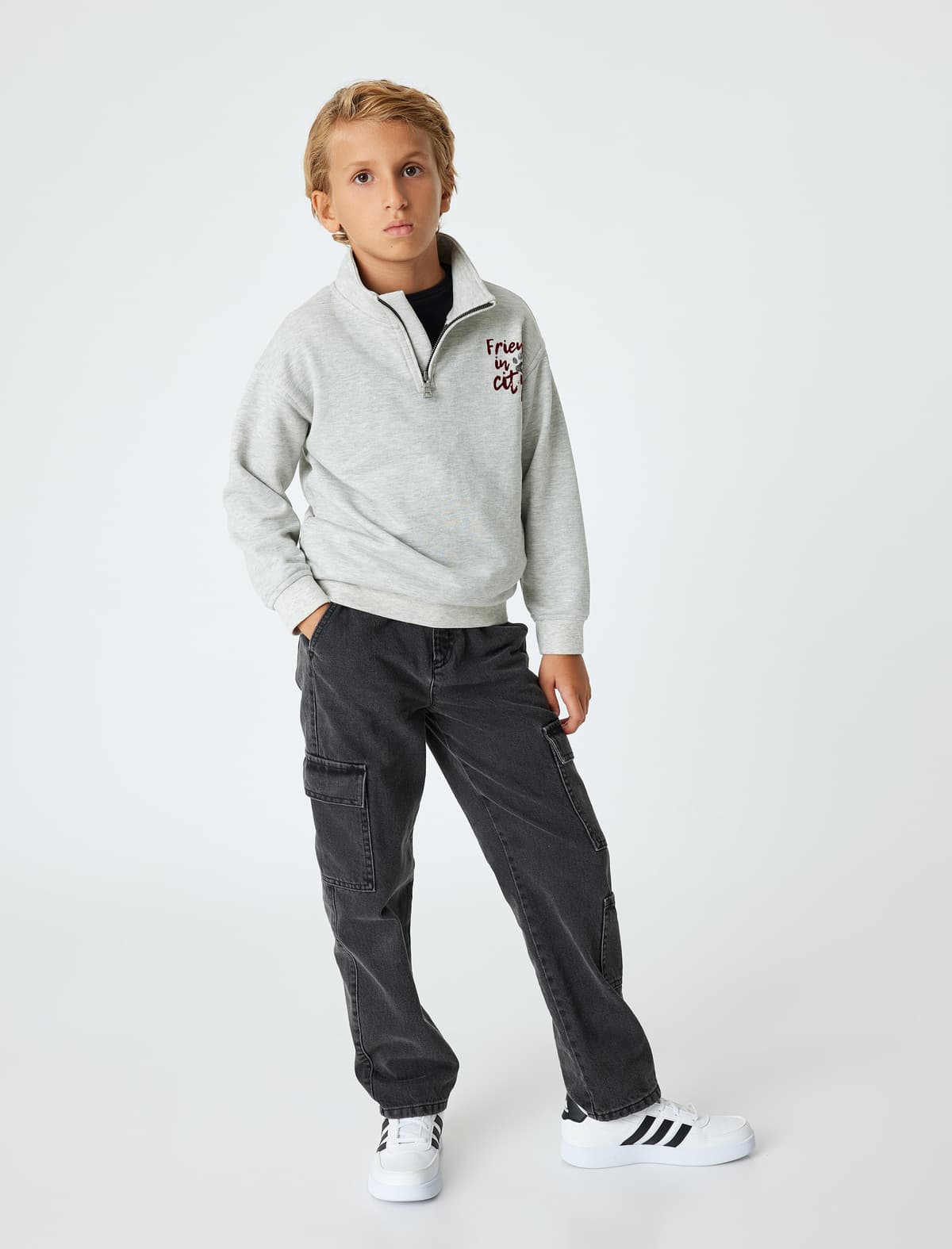 Sweatshirt Yüksək Yaxalı Yarım Fermuarlı Cib Çap Detallı Lent