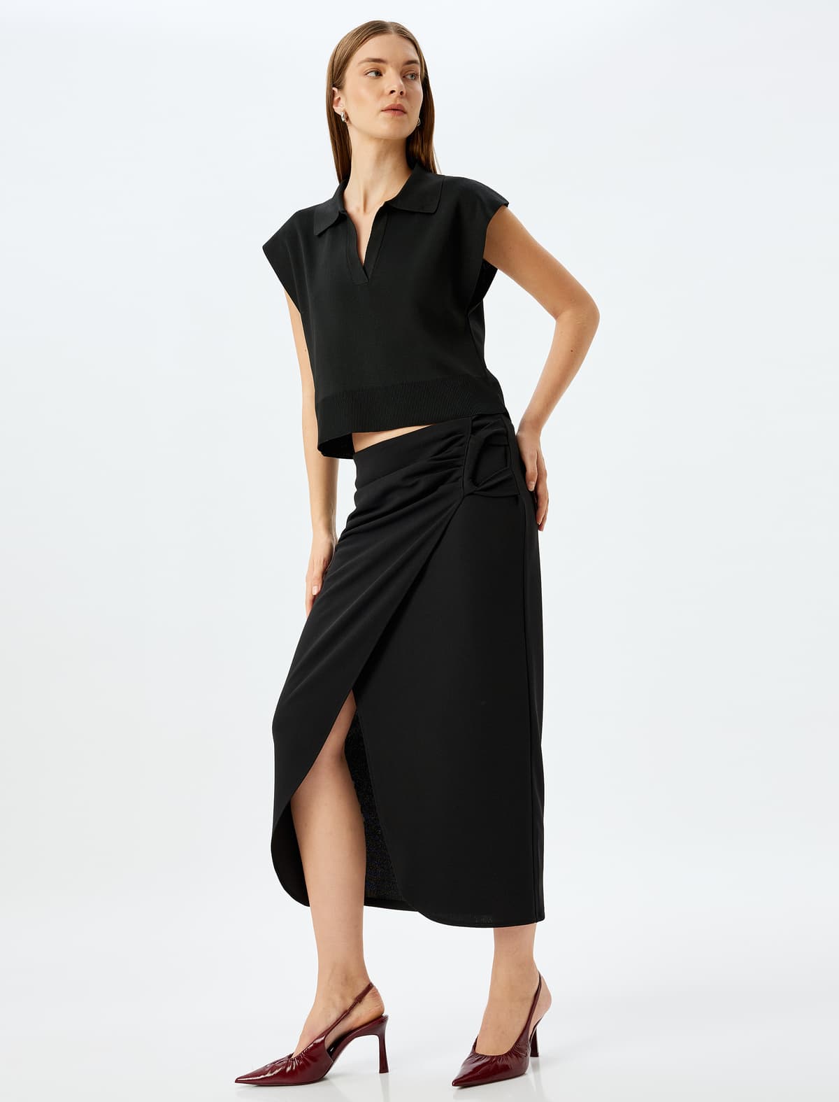 Slim Fit Draped Midi Uzunluqlu Asimmetrik Qoşa Döşlü Etek
