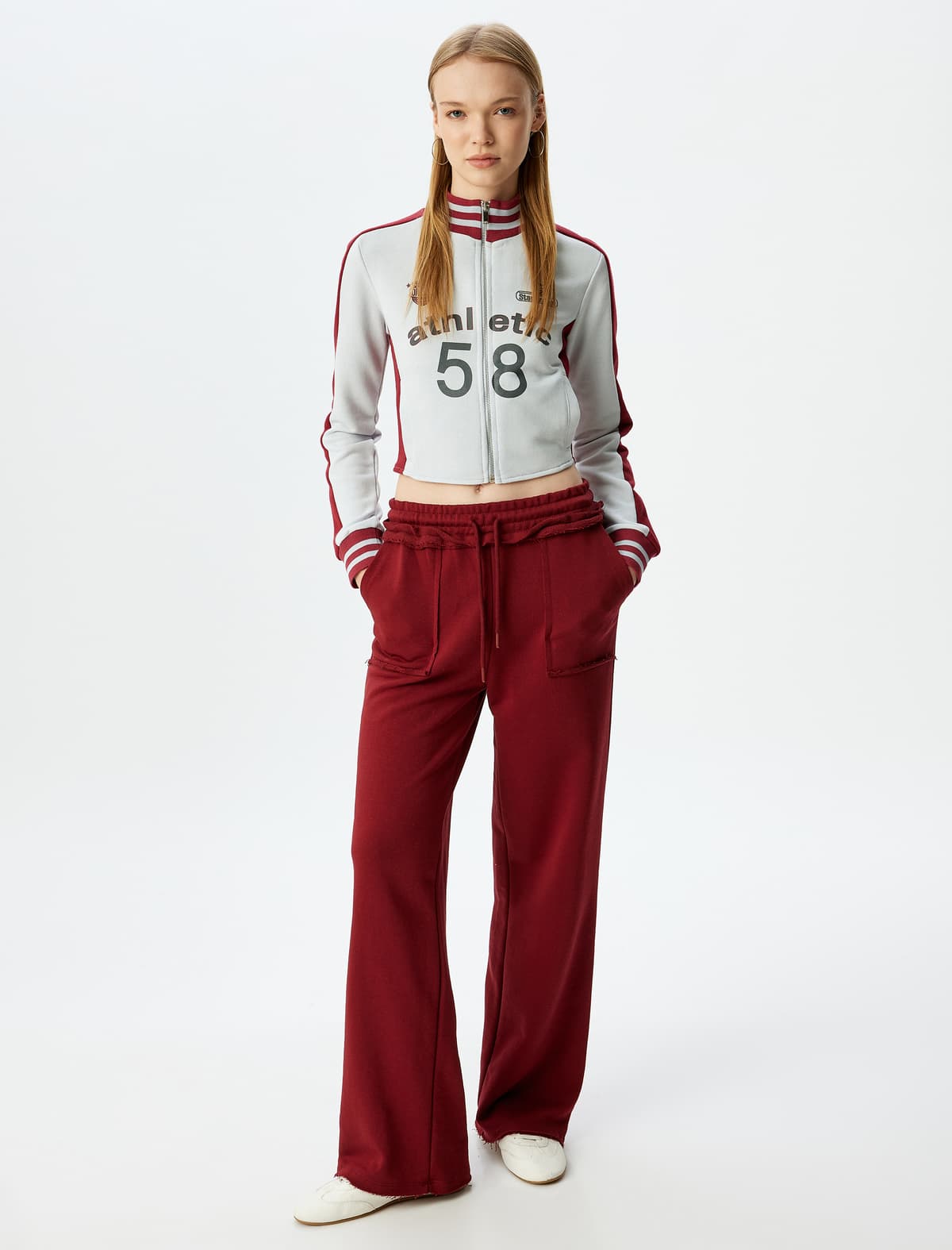Crop Slim Fit Yüksək Yaxalı Kollec Çaplı Fermuarlı Sweatshirt