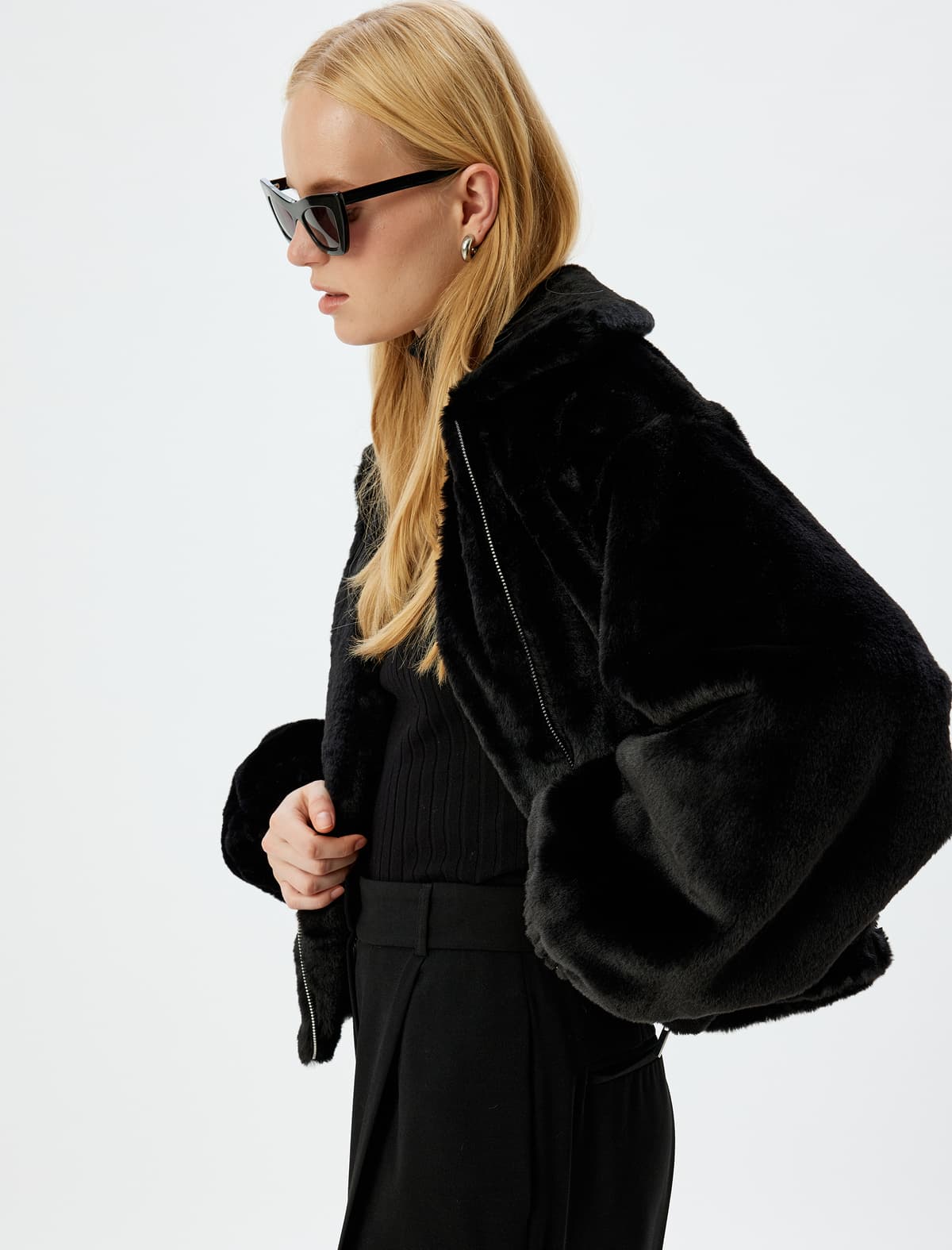 Fermuarlı Crop Oversize Bomber Peluş Gödəkçə