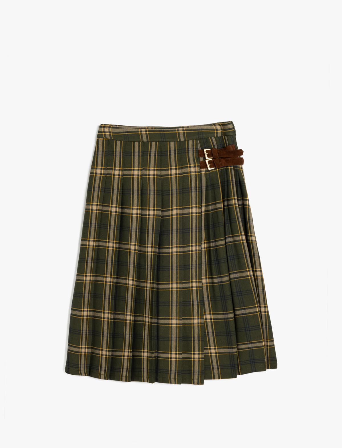 Kəmər Detallı Bükülü Viskoza Qarışığı Plaid Etek