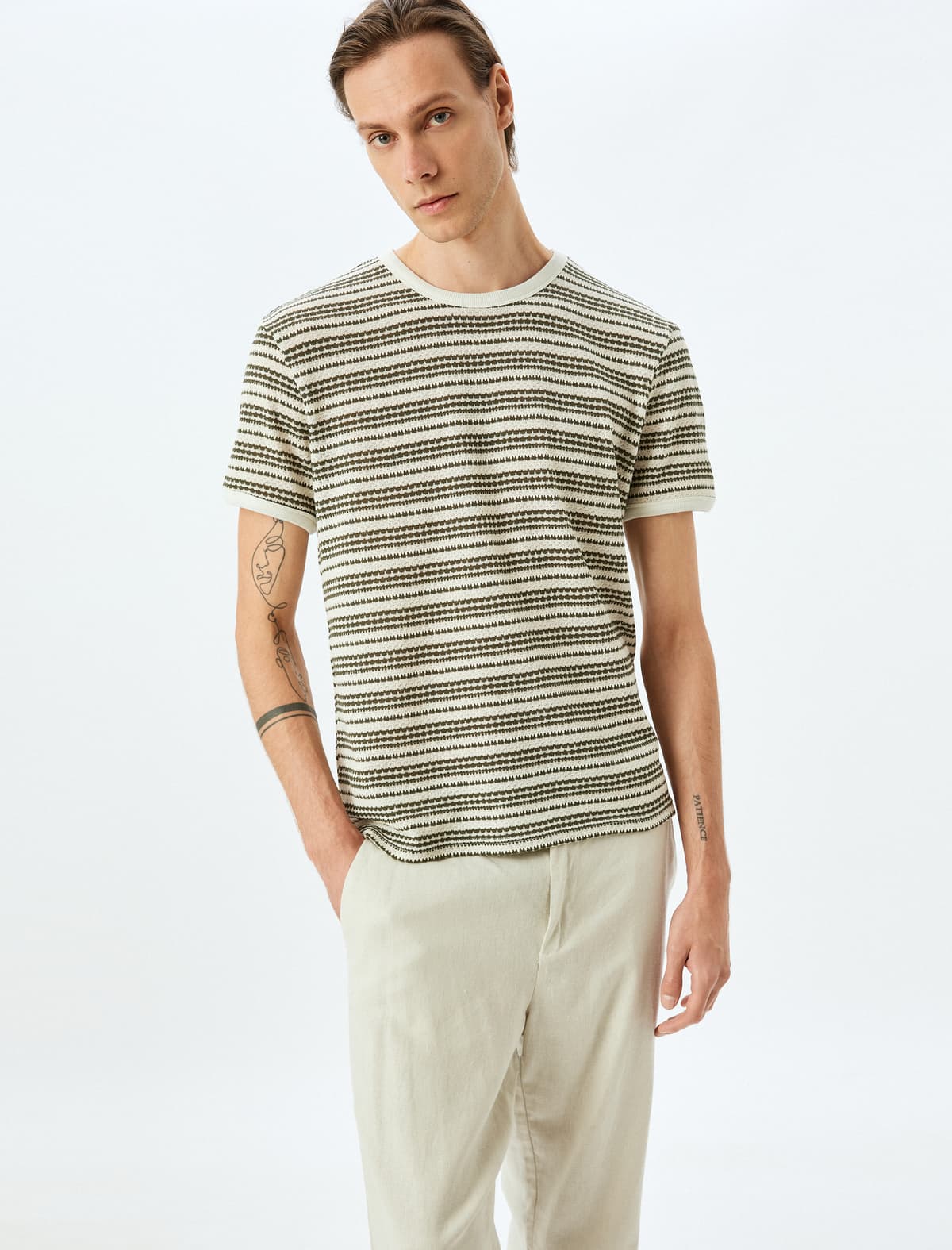 Ekipaj Yaka Qısaqol Normal Fit Pambıq Qarışıq Boru Zolaqlı T-shirt