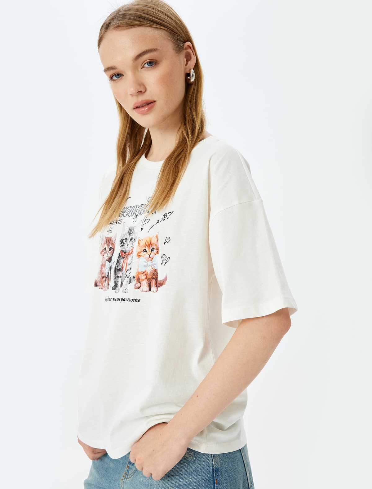 Cat Printed Crew Boyun Böyük Boy Qısaqol Pambıq Köynək