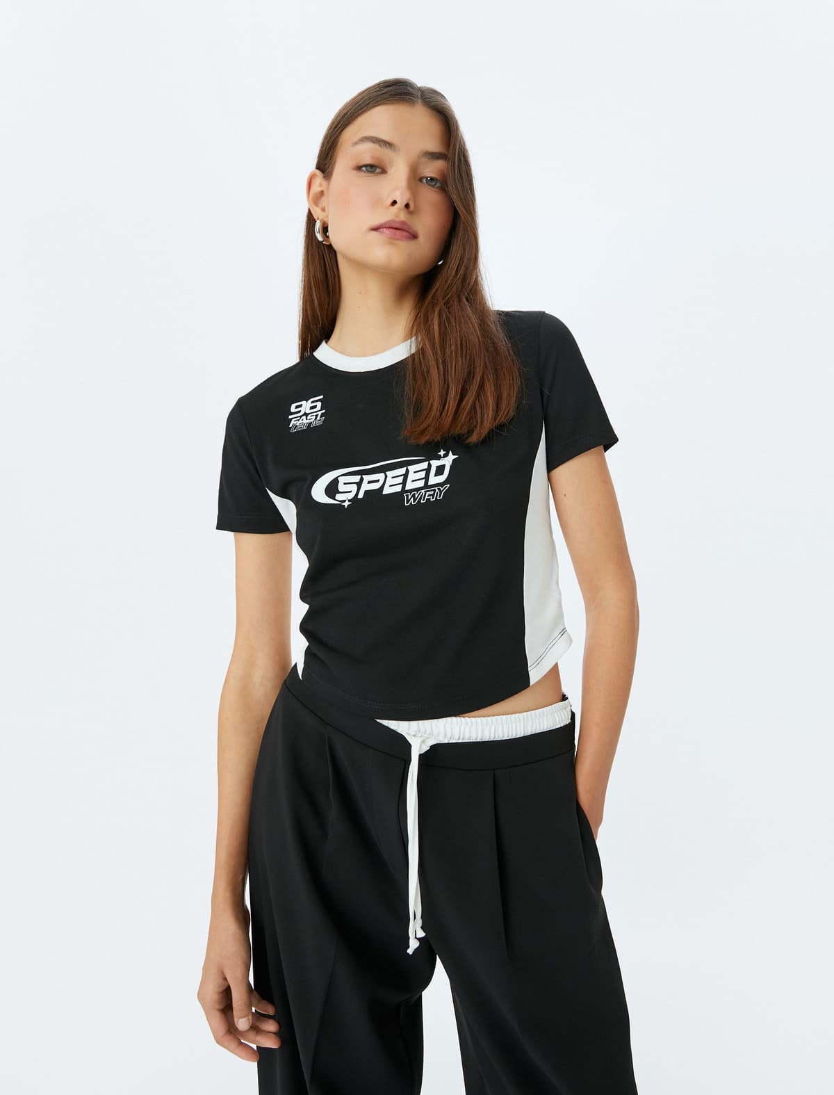 Crew Boyun Sloqanı Çaplı Qısaqol Slim Fit T-shirt