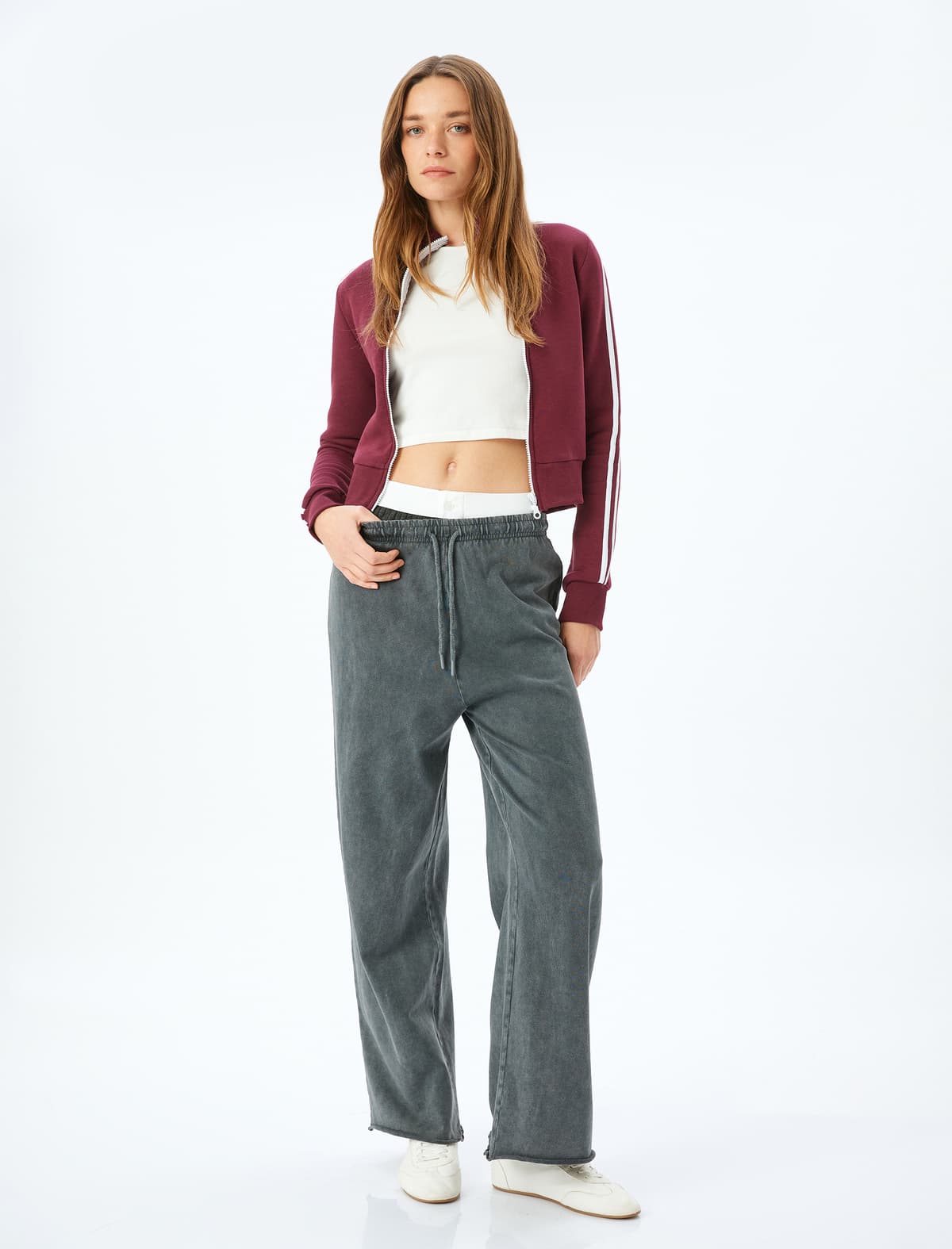 Üç saplı Pambıq Qalstuklu Bel Solğun Efektli Sweatpants