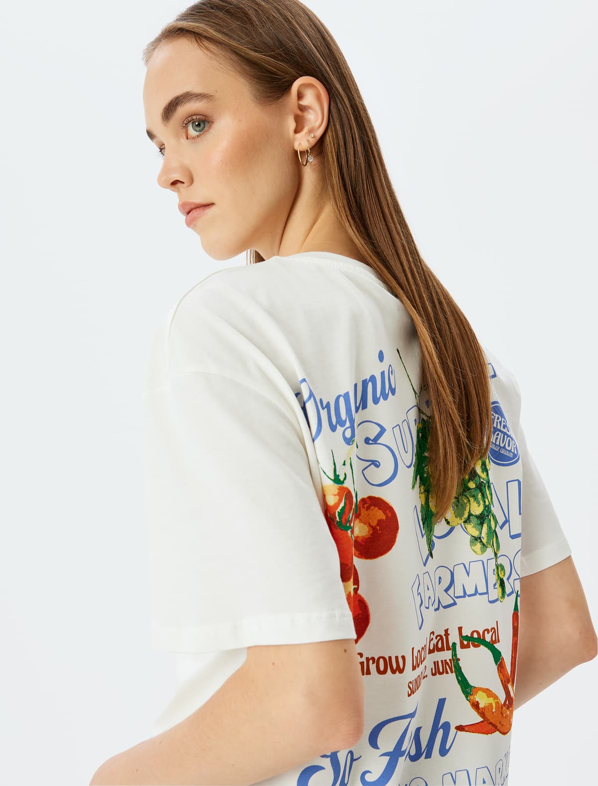 Crew Yaka Qısaqol Uzun Böyük Boy T-shirt Arxasında Meyvə və Tərəvəz Nakışlı