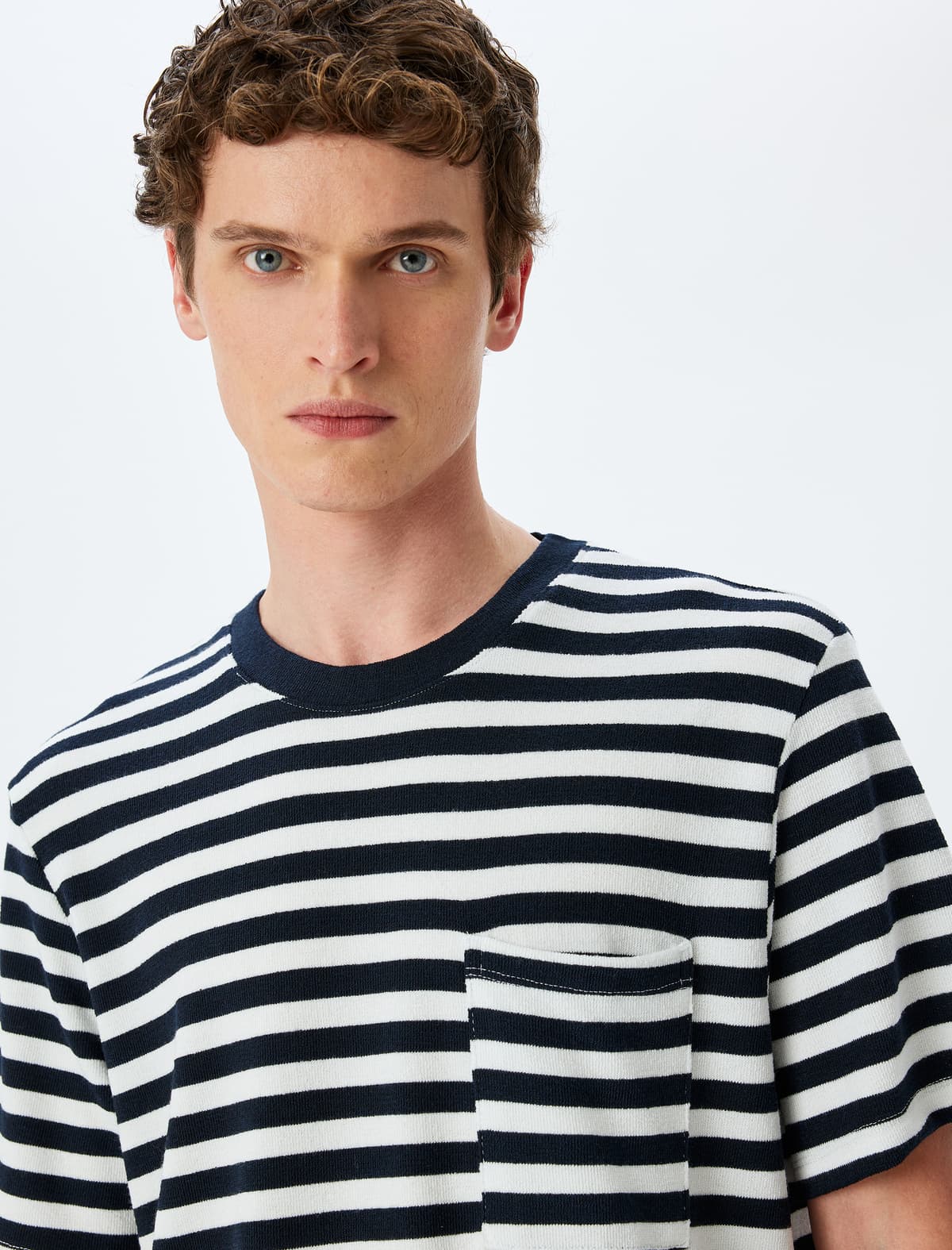 Yaka Yaka Normal Fit Cib Detallı Torpaqlı Viskoza Qarışıq Qısaqol Zolaqlı T-shirt