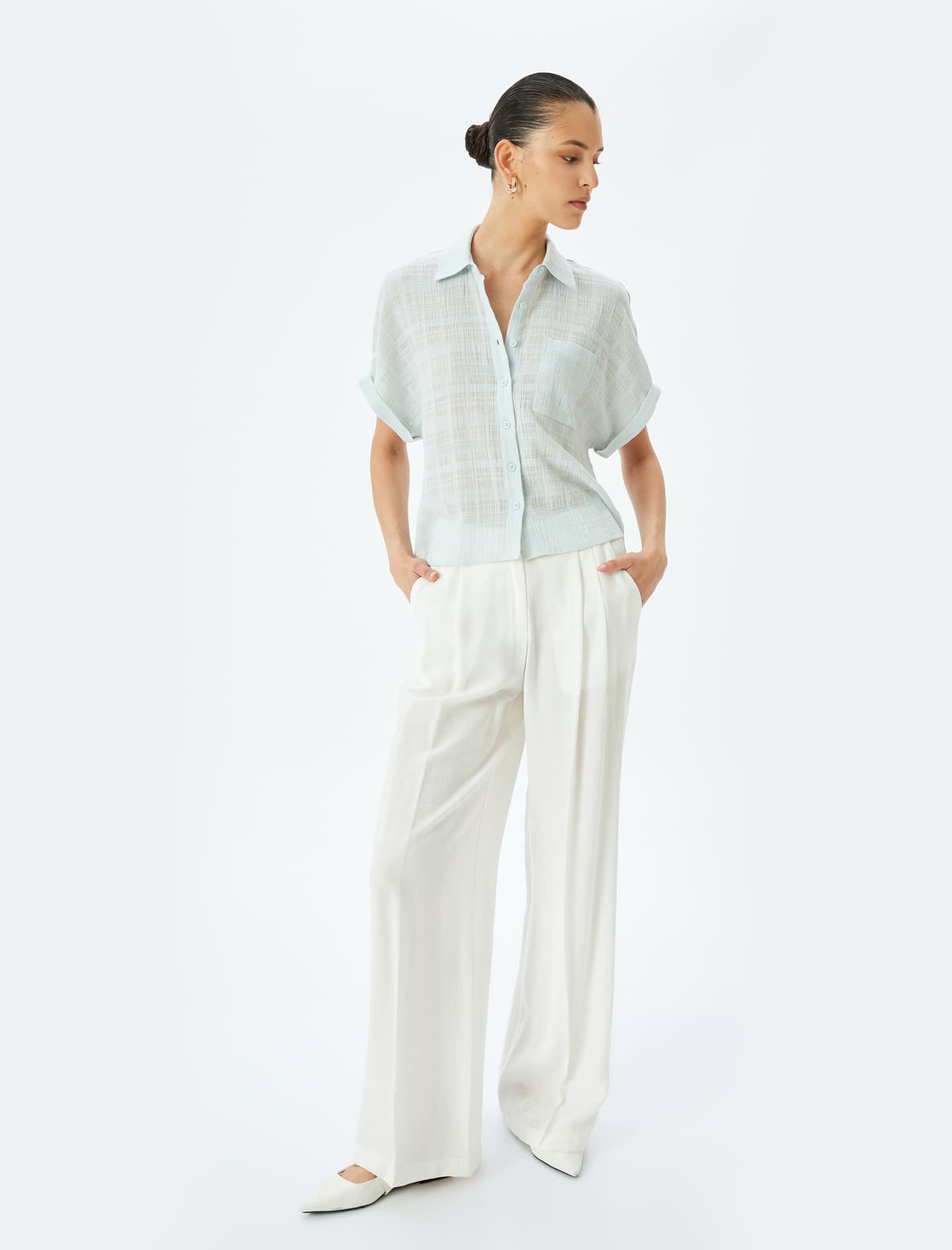 Relaxed Fit Pambıq Yarı Şəffaf Qısaqol Köynək