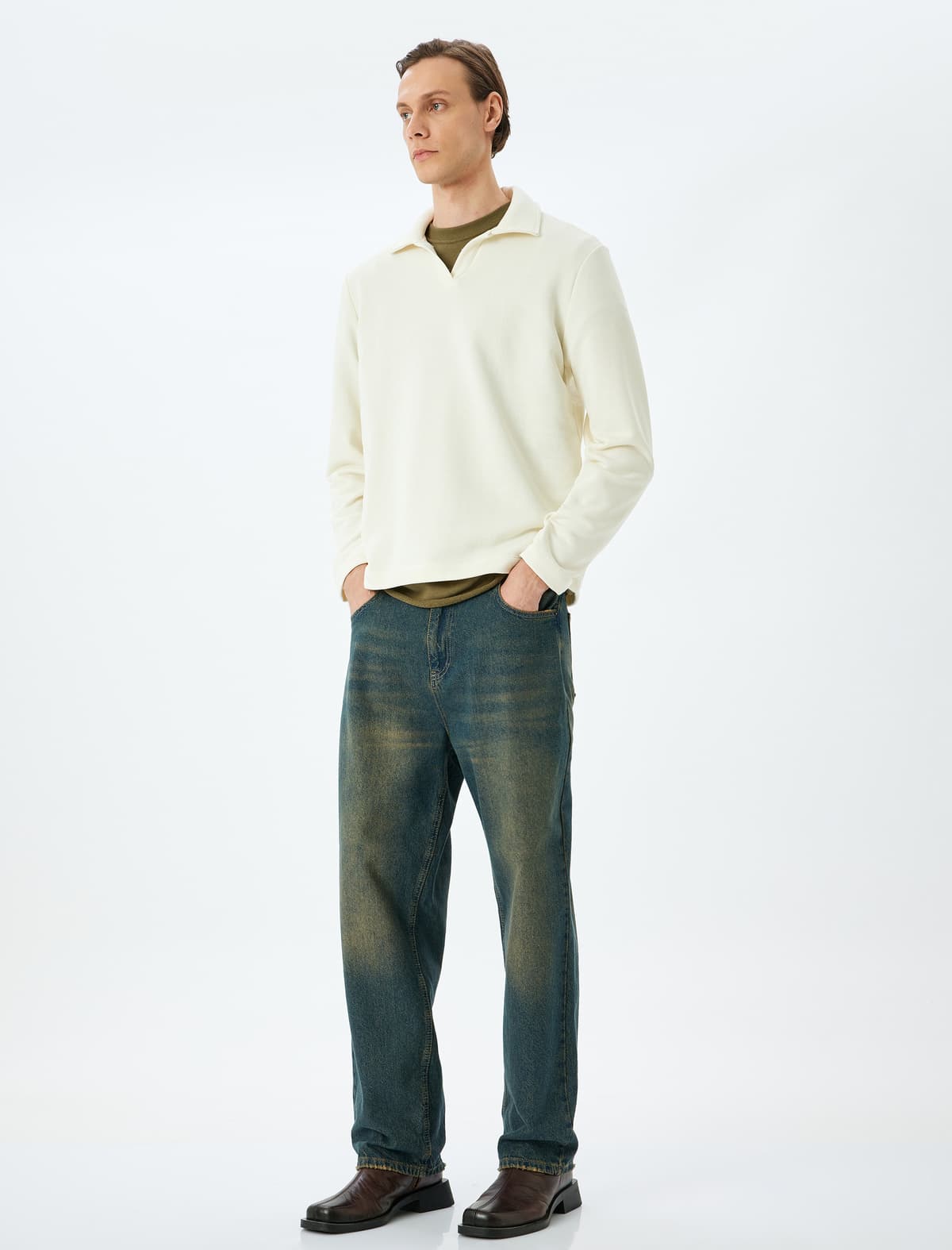 Uzunqol Pambıq Qarışığı Basic Polo Yaxa Sweatshirt