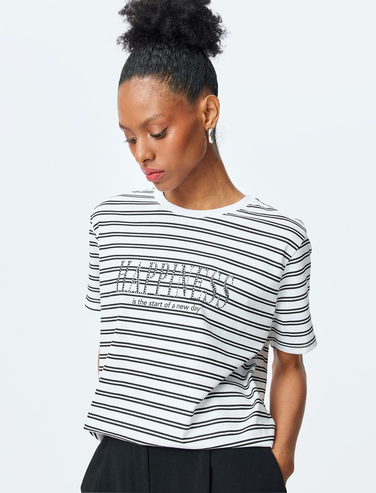Cotton Crew Yaka Qısaqol Çaplı Daş Zolaqlı T-shirt