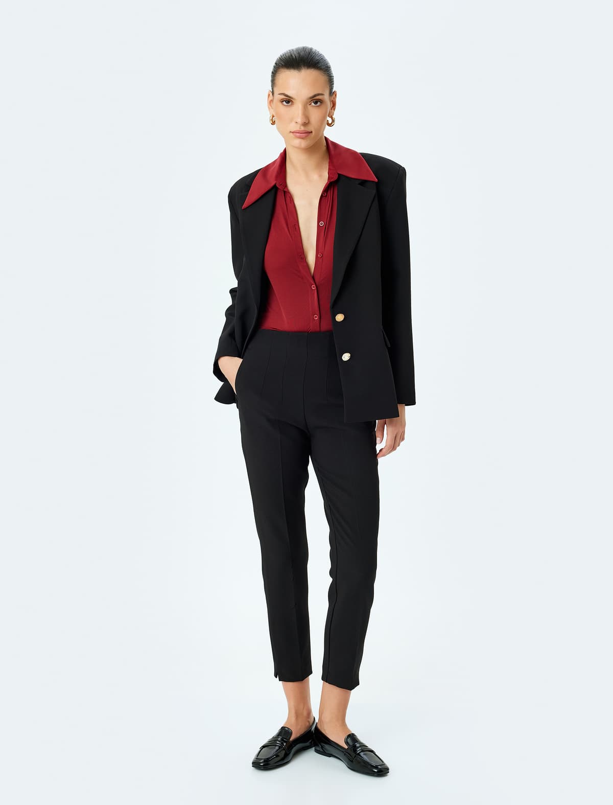 Yüksək Bel Cib Slim Fit Siqaret Şalvar
