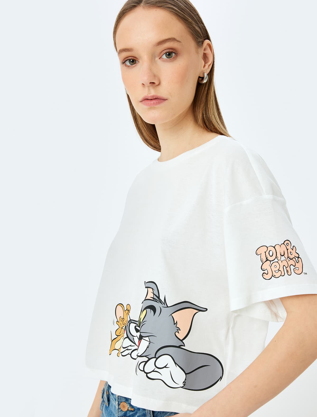 Tom və Jerry Lisenziyalı Çaplı Böyük Ölçülü Crop T-Shirt