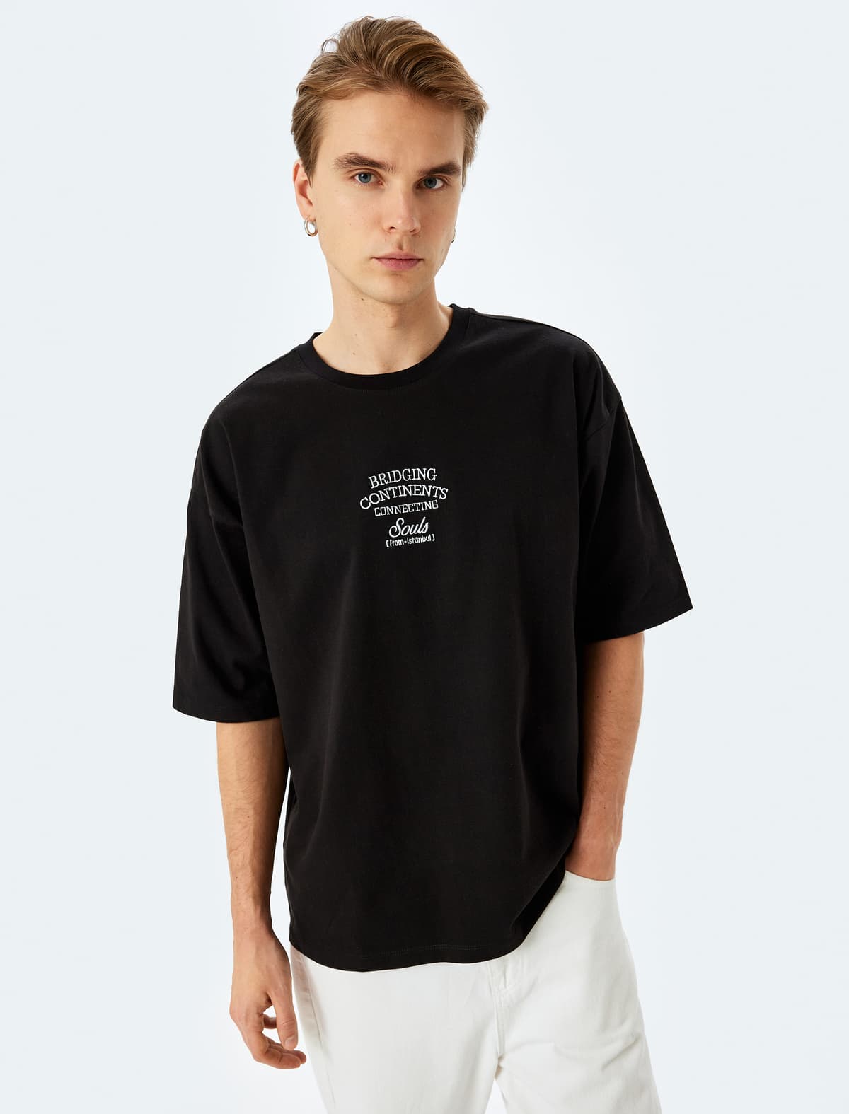 Pambıqdan Yaxalı Toxumlu Sloqan Naxışlı Qısaqol Böyük Boy T-shirt
