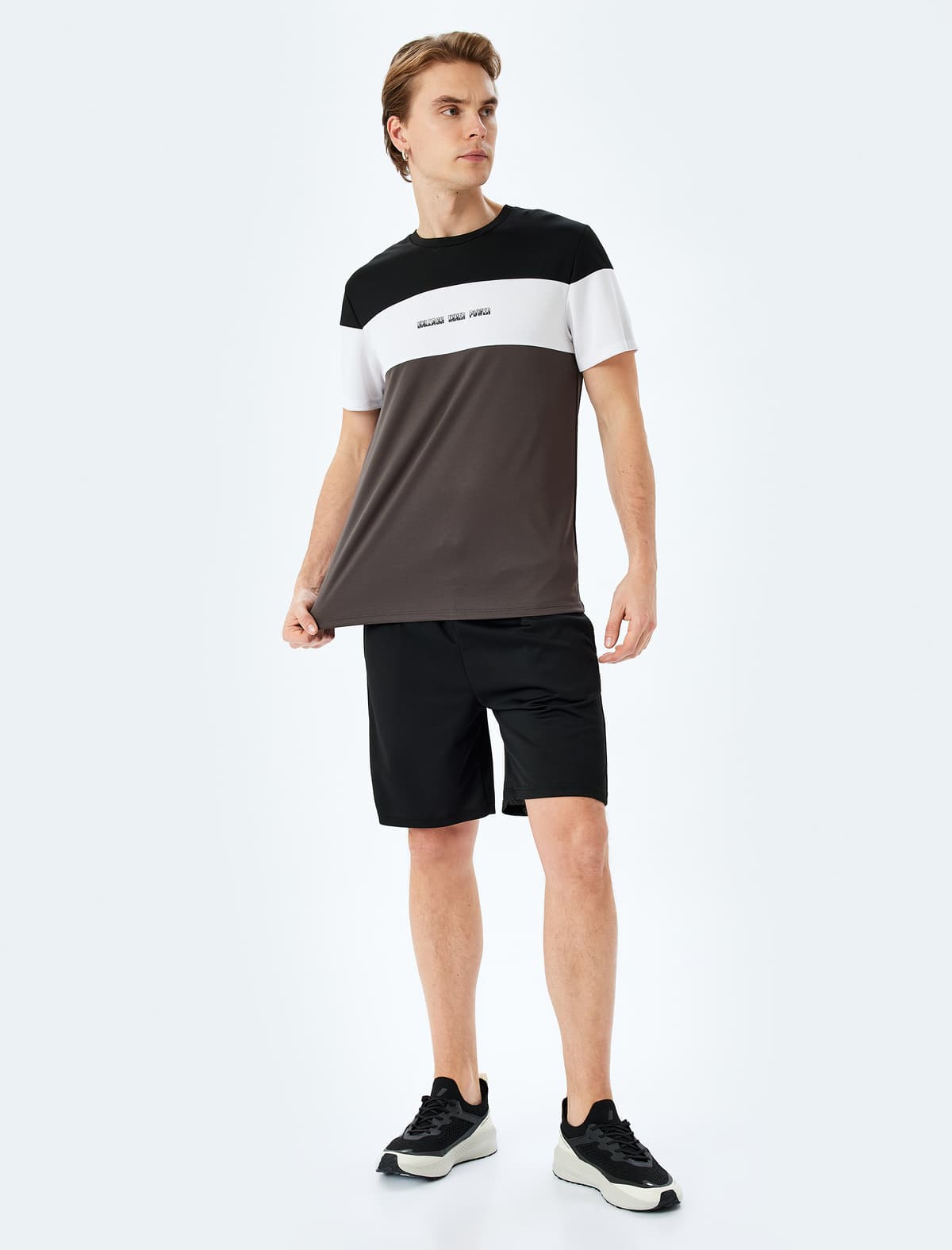 Crew Boyun Rəngli Bloklu Qısaqol Slogan Çaplı İdman T-Shirt