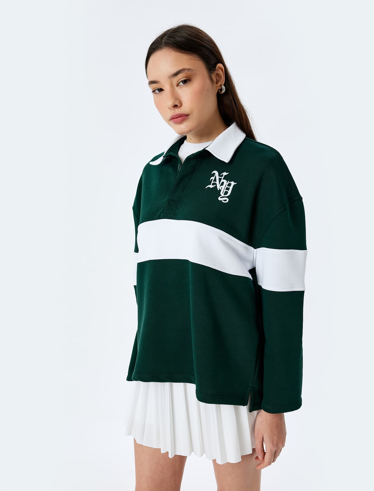 Polo Yaxa Naxışlı Düymələr Rəngli Bloklu Oversize Sweatshirt