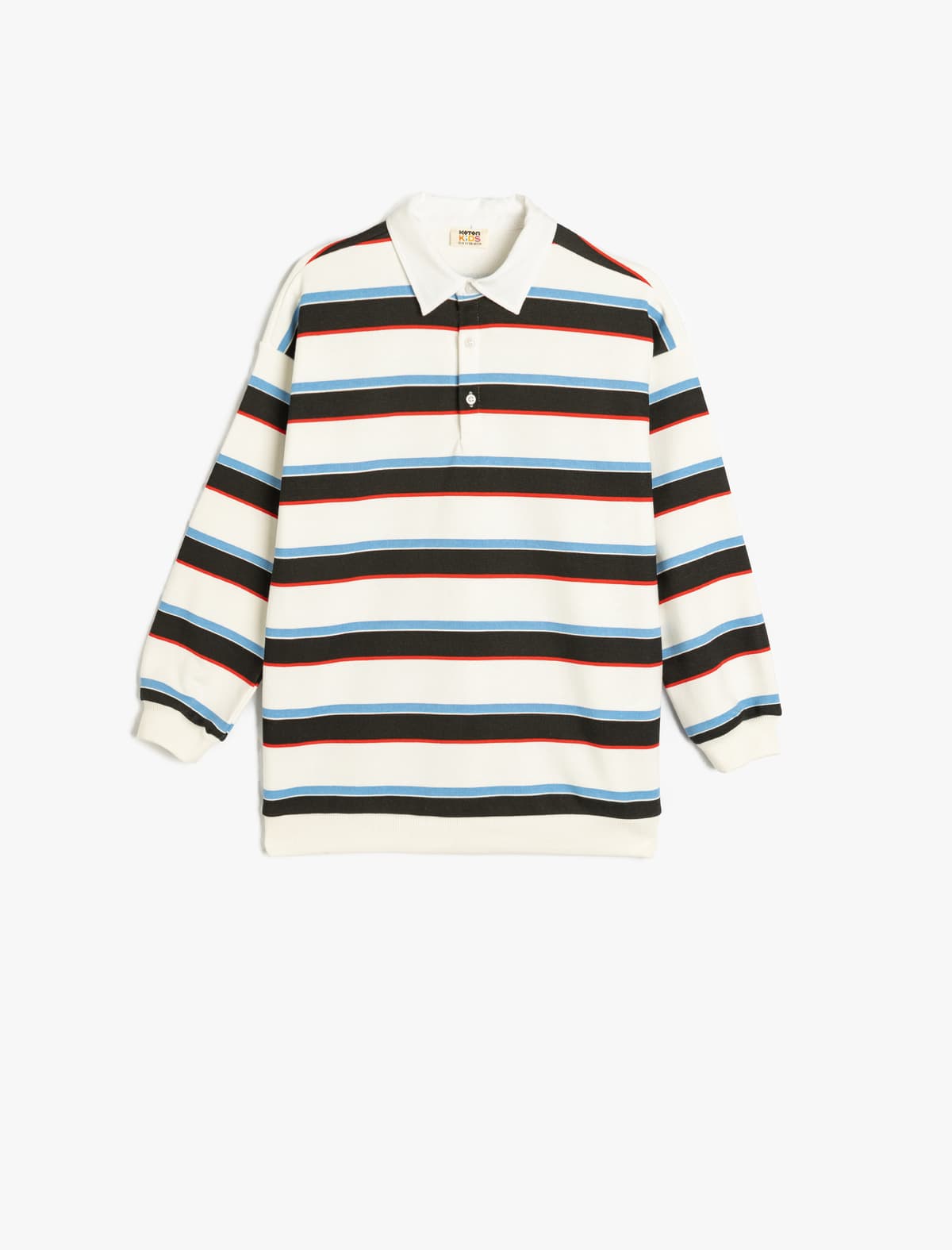Zolaqlı Uzunqol Düymə Detallı Polo Yakalı Sweatshirt