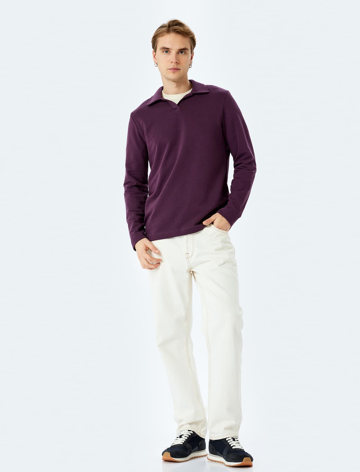Uzunqol Pambıq Qarışığı Basic Polo Yaxa Sweatshirt