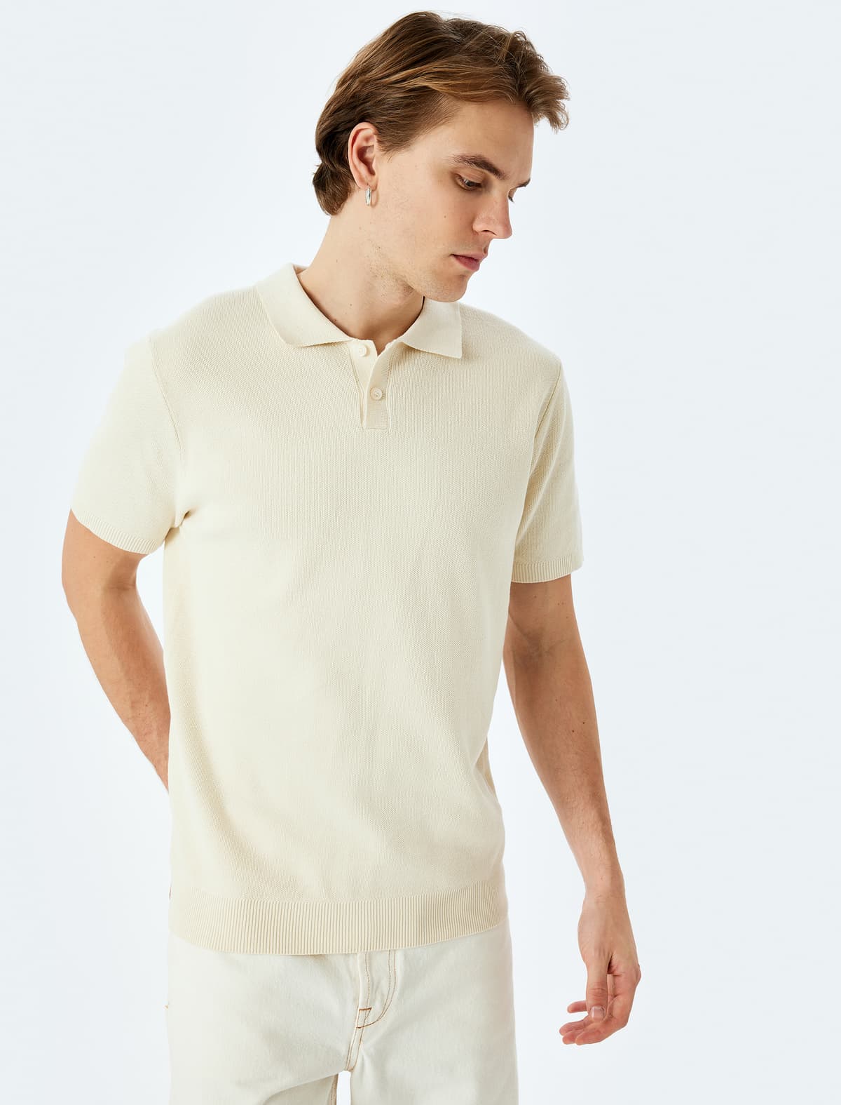 Pambıq Basic Polo V Yaka Qısaqol Trikotaj T-shirt