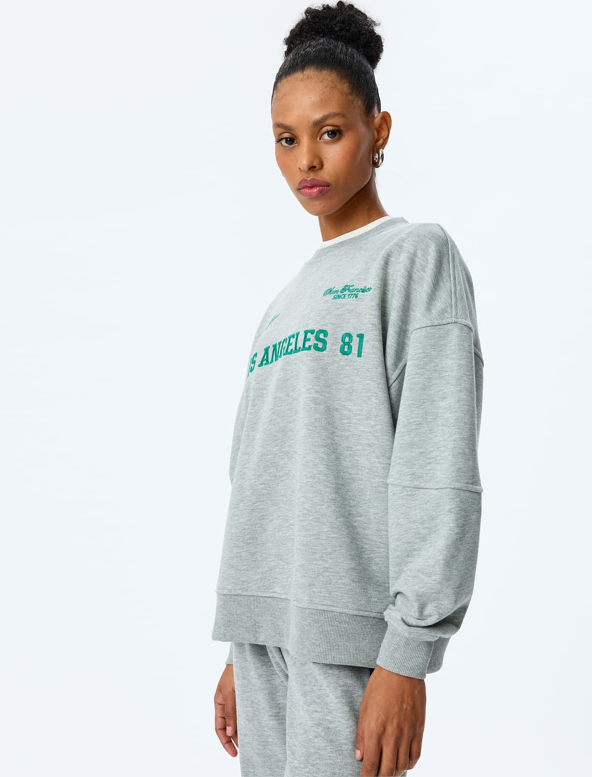 Crew Yaka Pambıq Qarışığı Naxışlı Tikiş Detallı Böyük Ölçülü Sweatshirt