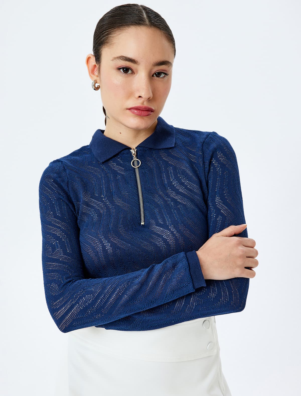 Fermuar Detallı Uzunqol Polo Yakalı Teksturalı T-shirt